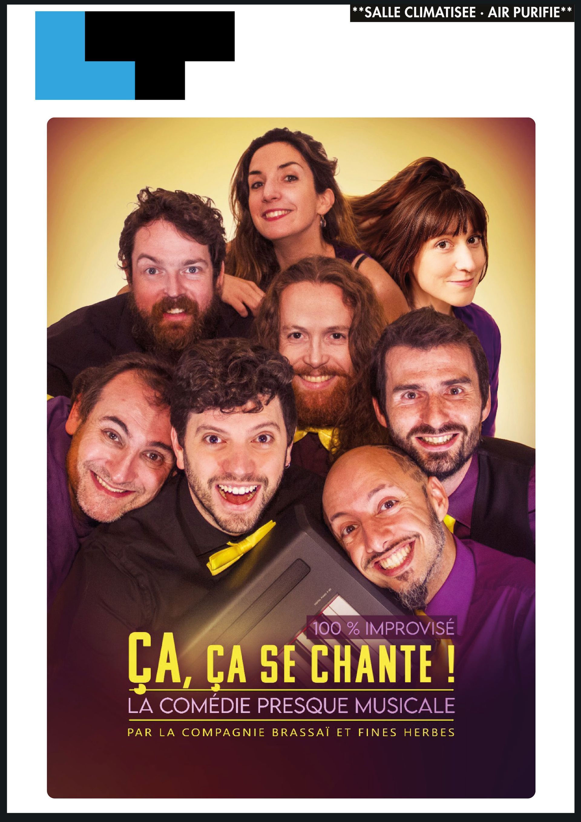Six artistes souriants posent sur une affiche jaune pour « Ça, ça se chante ! » avec un texte français en gras.