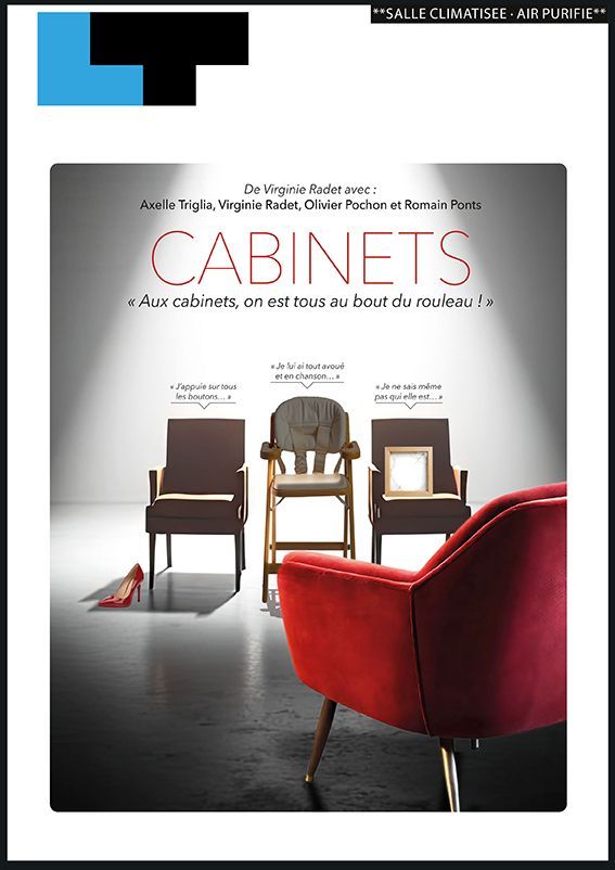 Couverture de magazine avec un fauteuil rouge et trois chaises vintage sous le titre « CABINETS »
