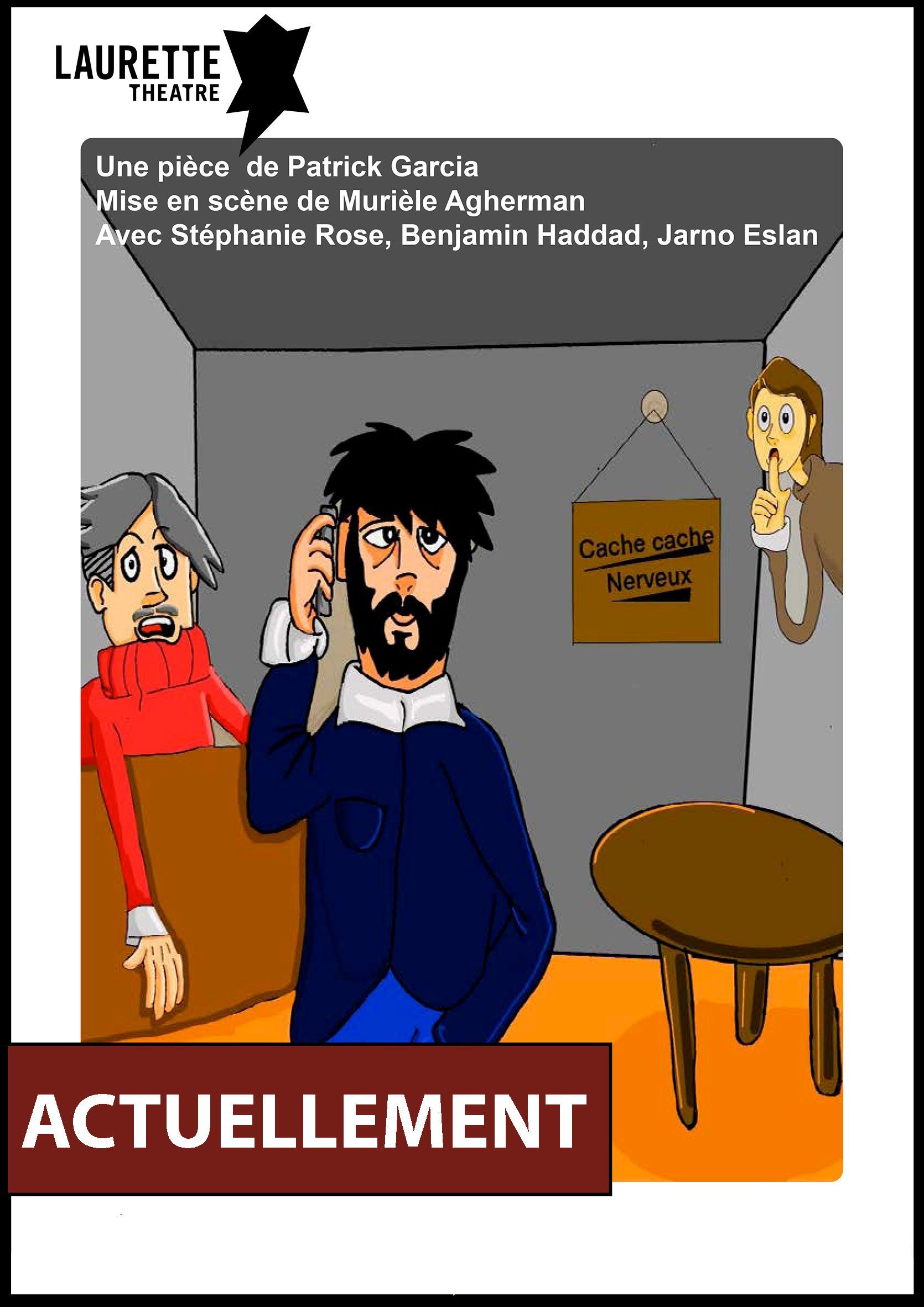 Affiche de style journal français avec des personnages de dessin animé dans une pièce et le mot « ACTUELLEMENT » en bas.