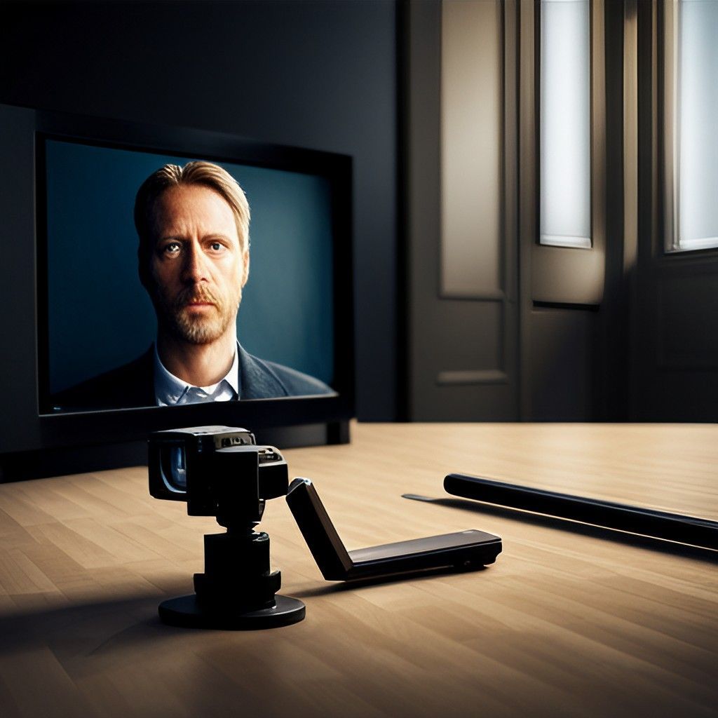 Tripod üzerinde kamera; ekranda bir adam görüntüsü; karanlık oda.
