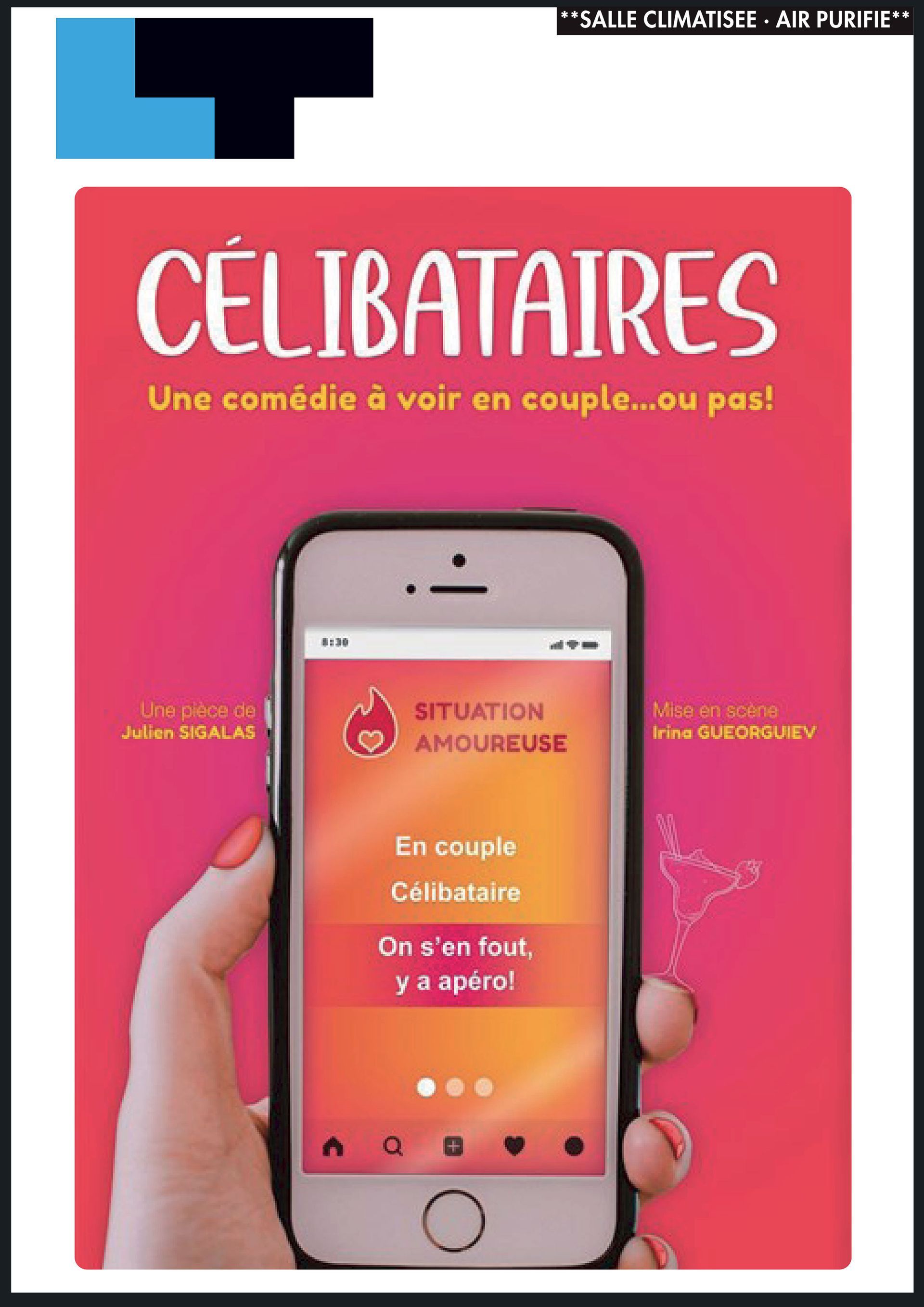 Couverture du livre intitulé « CÉLIBATAIRES » avec une main tenant un smartphone sur fond rose.