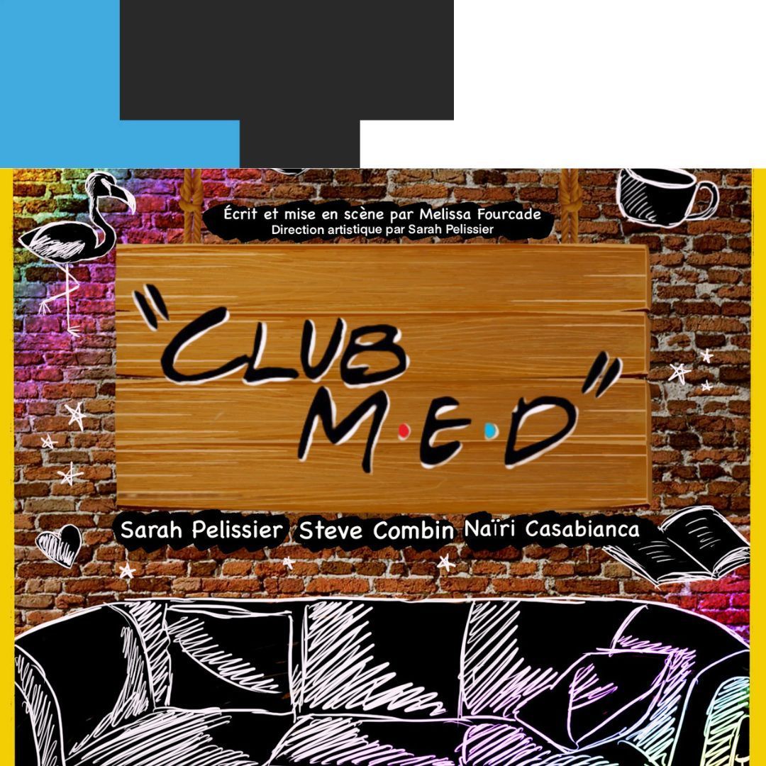 Panneau en bois portant l'inscription « Club MED » sur un mur de briques, avec des illustrations graphiques en noir et blanc et des noms en dessous.