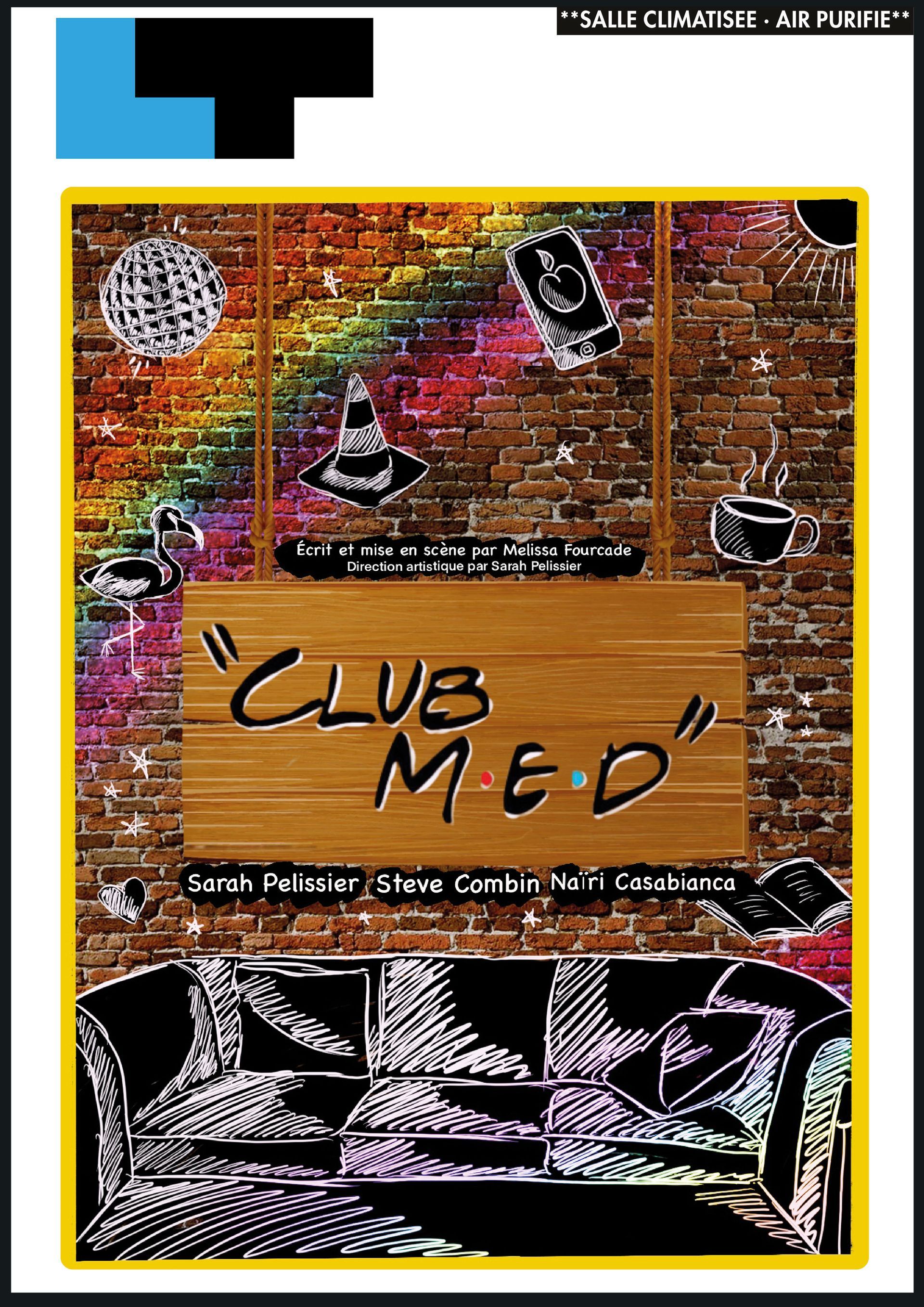 Affiche Club Med avec fond collage coloré et titre en gras, encadrée en noir et jaune.
