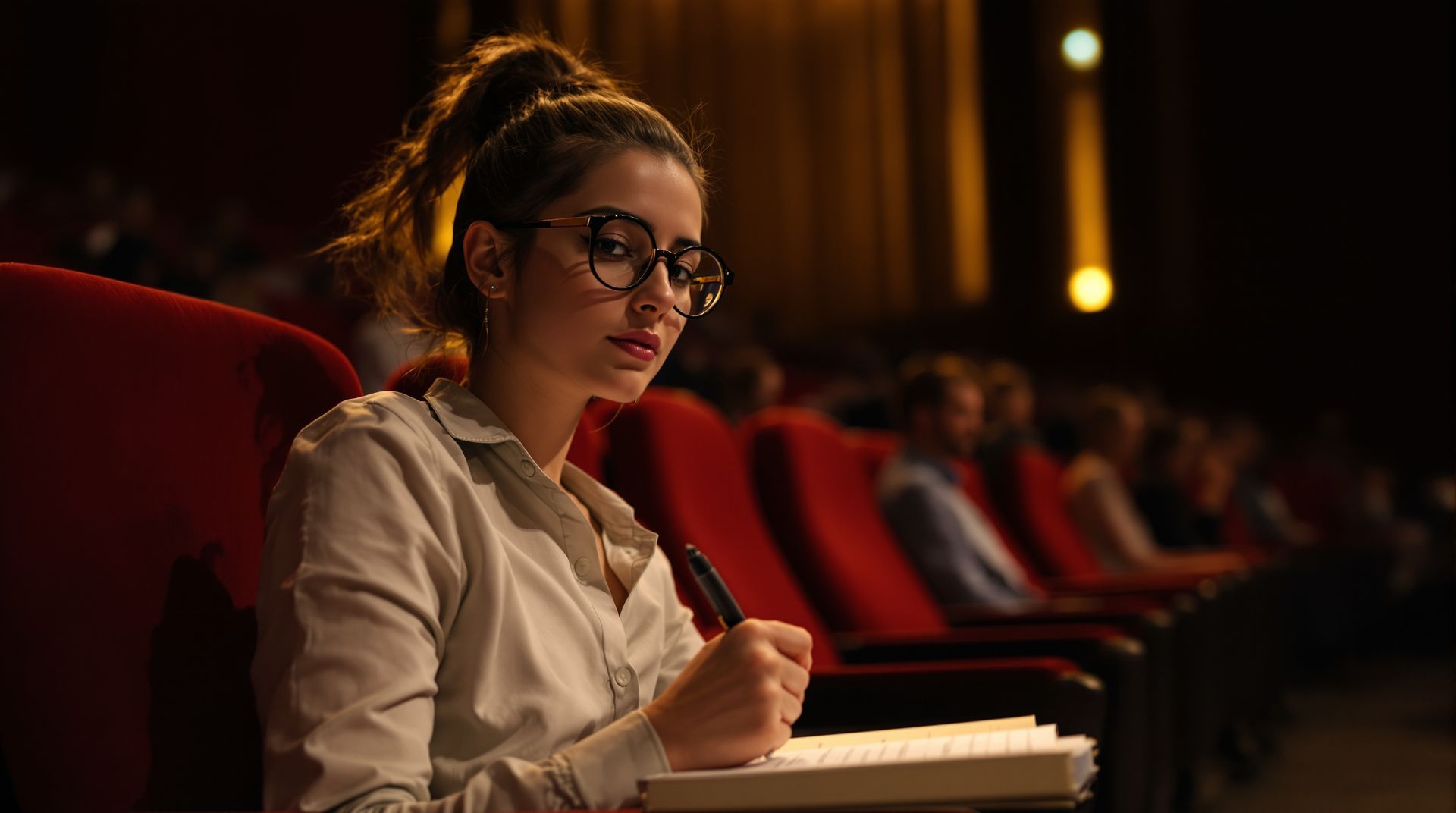 امرأة ترتدي نظارات تكتب في دفتر ملاحظات، في دار سينما ذات إضاءة خافتة ومقاعد حمراء.