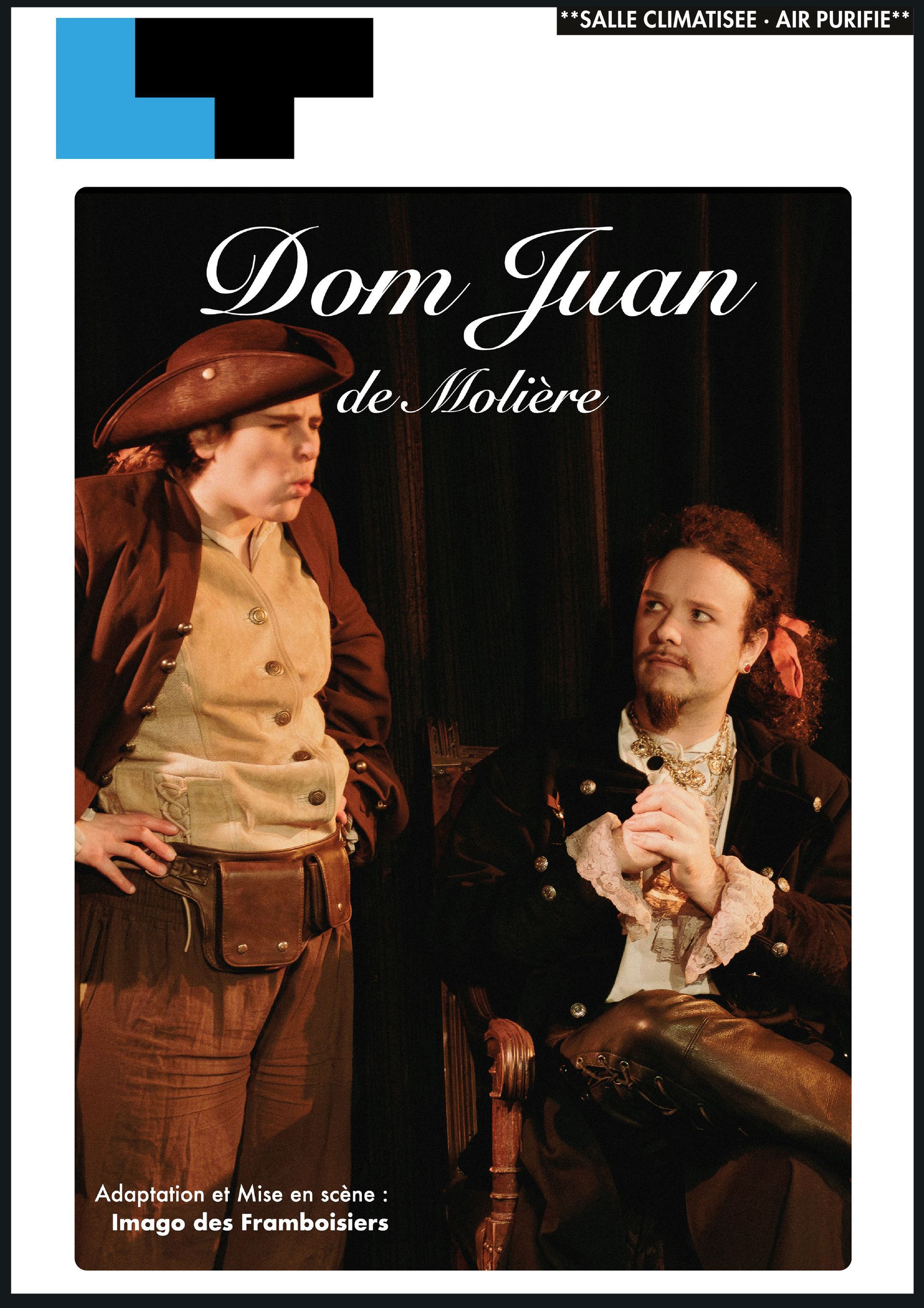 Affiche de théâtre pour Dom Juan de Molière, avec deux hommes en costumes d'époque dans une pose dramatique.