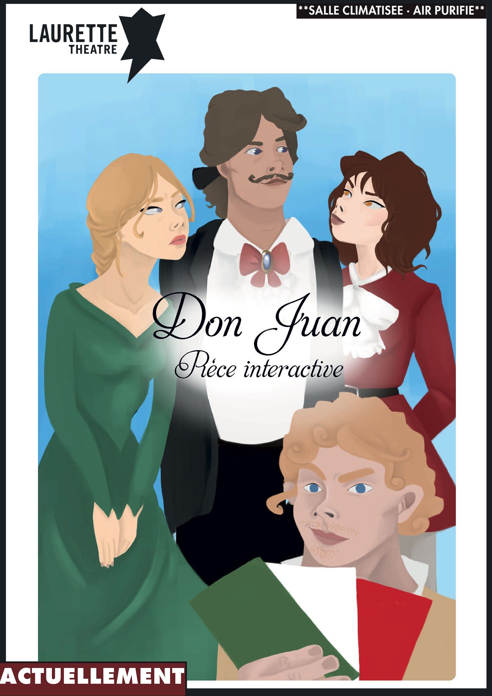 Coverillustratioun fir d'Stéck "Don Juan". E Mann, zwou Fraen an e blonde Jong; verschidden Ausdréck, bloen a gréngen Hannergrond.