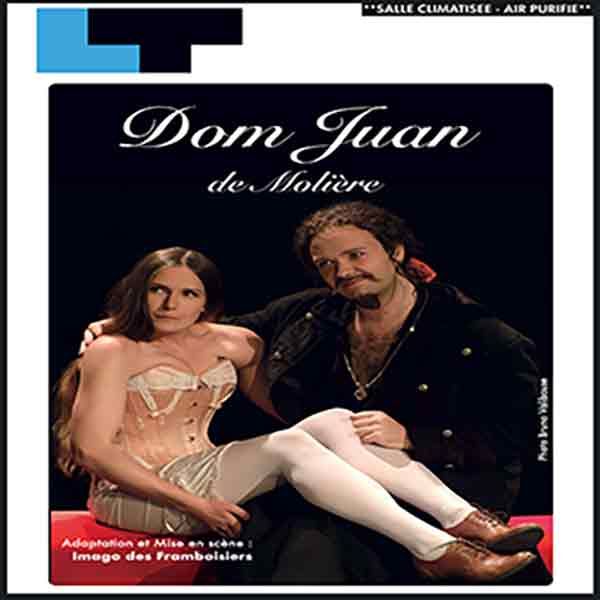 Plakat fir de Film "Dom Juan de Molière" mat zwéi Schauspiller, déi virun engem donkelen Hannergrond sëtzen.