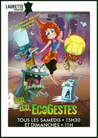 "EcoGestes" ಗಾಗಿ ಪೋಸ್ಟರ್: ಪರಿಸರ ವಿಜ್ಞಾನದ ವಿಷಯದ ಪಾತ್ರಗಳಿಂದ ಸುತ್ತುವರೆದಿರುವ ಯುವ ಕೆಂಪು ಕೂದಲುಳ್ಳ ವ್ಯಕ್ತಿ, ಅಧಿವೇಶನಗಳ ಸಮಯವನ್ನು ಕೆಳಭಾಗದಲ್ಲಿ ತೋರಿಸಲಾಗಿದೆ.