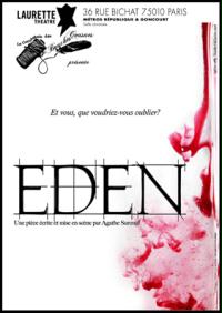 "EDEN" ಚಿತ್ರದ ಪೋಸ್ಟರ್, ಕಪ್ಪು ಬಣ್ಣದಲ್ಲಿ ಶೀರ್ಷಿಕೆ ಮತ್ತು ಬಿಳಿ ಹಿನ್ನೆಲೆಯಲ್ಲಿ ಅಮೂರ್ತ ಕೆಂಪು ಆಕೃತಿಯೊಂದಿಗೆ.