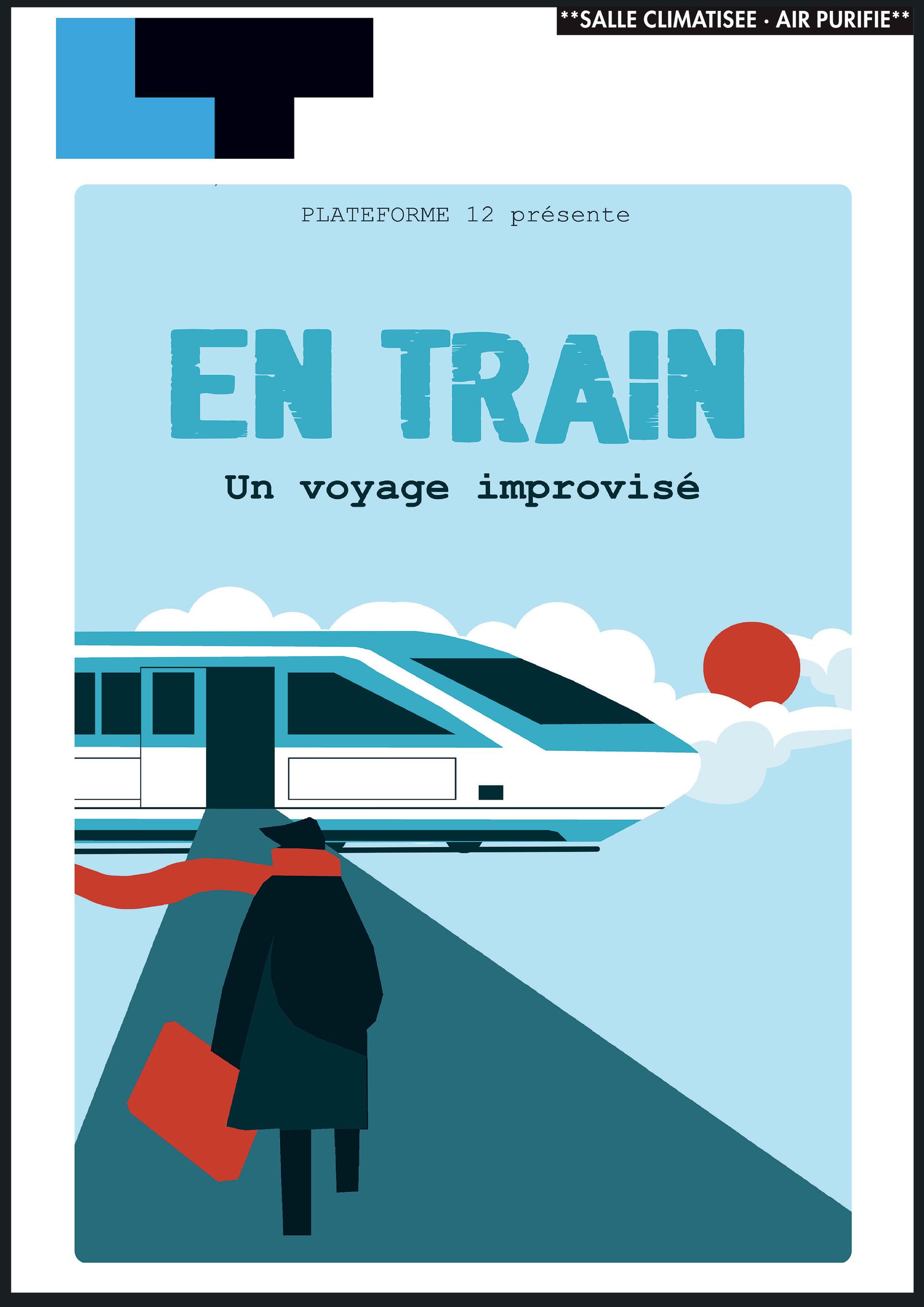Affiche de voyage en train française avec un train bleu, un voyageur et le titre « En train »