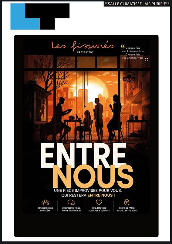 Affiche pour «Entre Nous» avec des silhouettes de personnes dans une porte éclairée d'une lumière orange chaude.