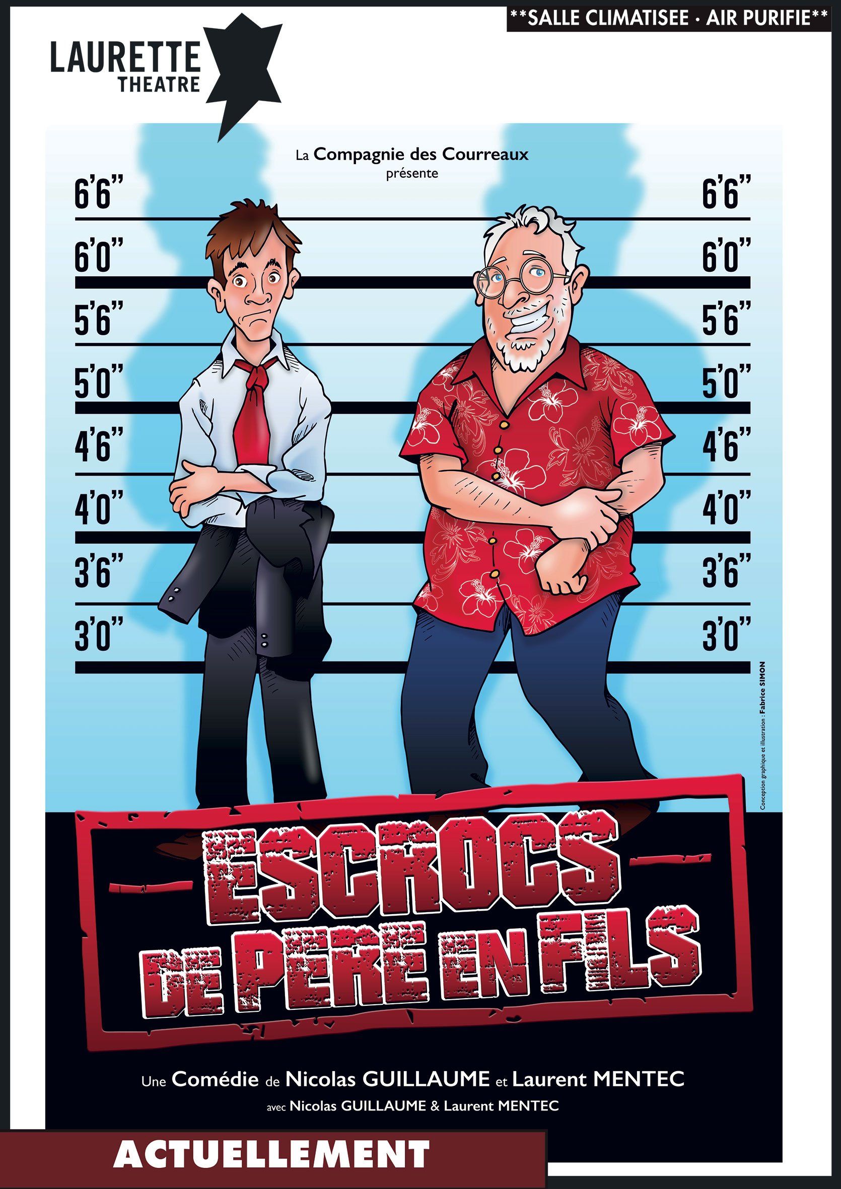Affiche pour « Escrocs de père en fils », montrant deux hommes assis sur des lignes de hauteur comme une séance d'identification judiciaire.