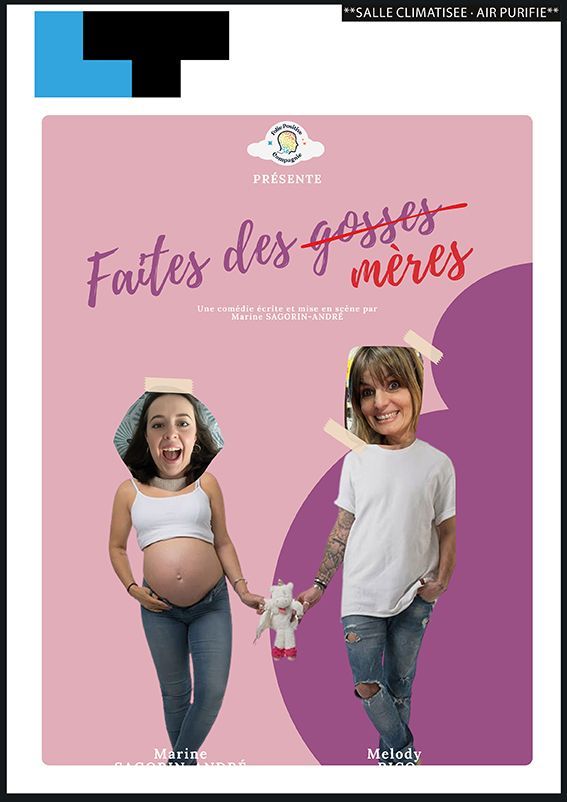 En plakat på lyserød baggrund, der forestiller to smilende børn med den franske tekst "Giv jeres mødre store kys"