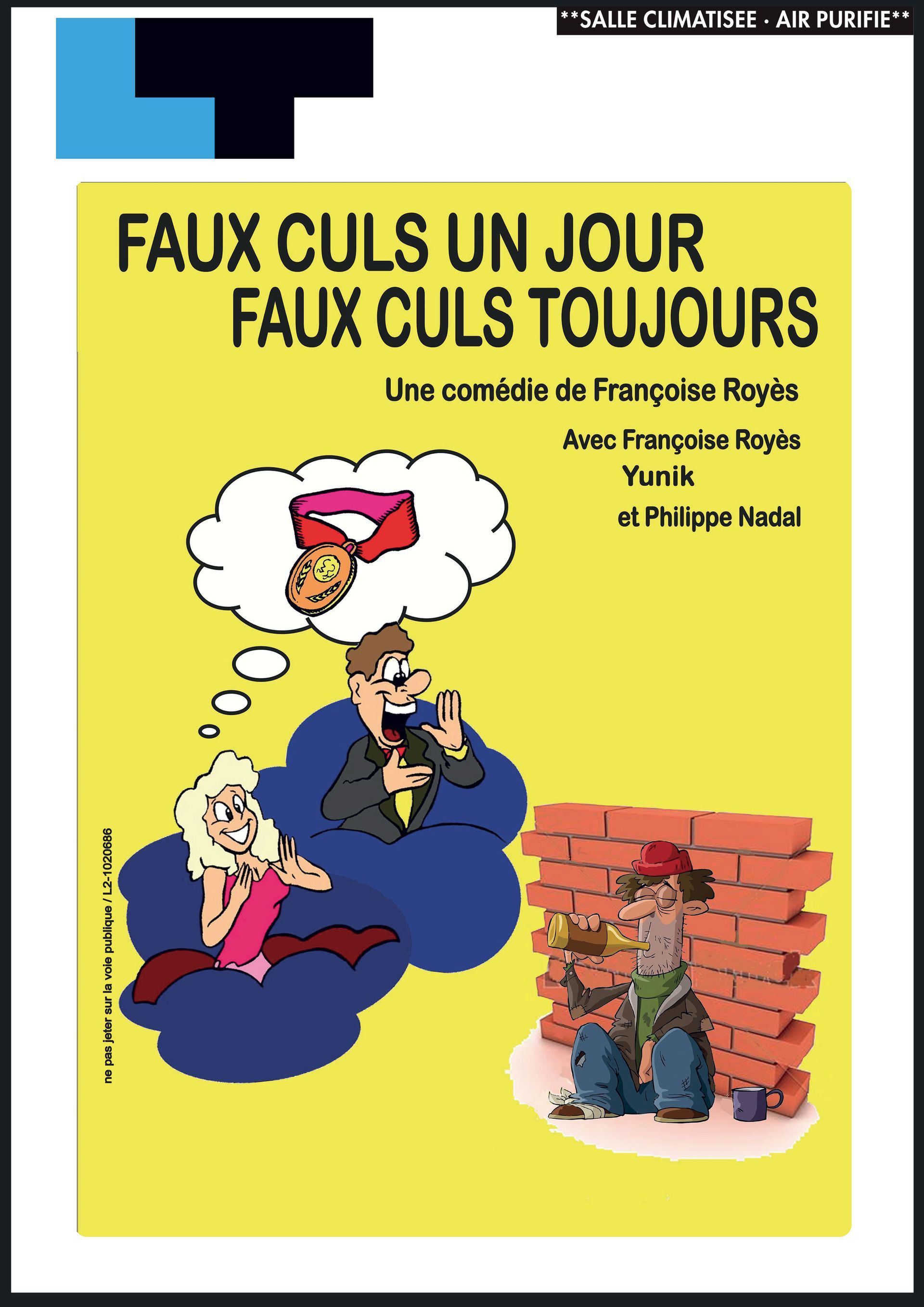 Affiche de comédie française avec fond jaune, scène de canapé de dessin animé et titre « Faux Culs Un Jour Faux Culs Toujours »