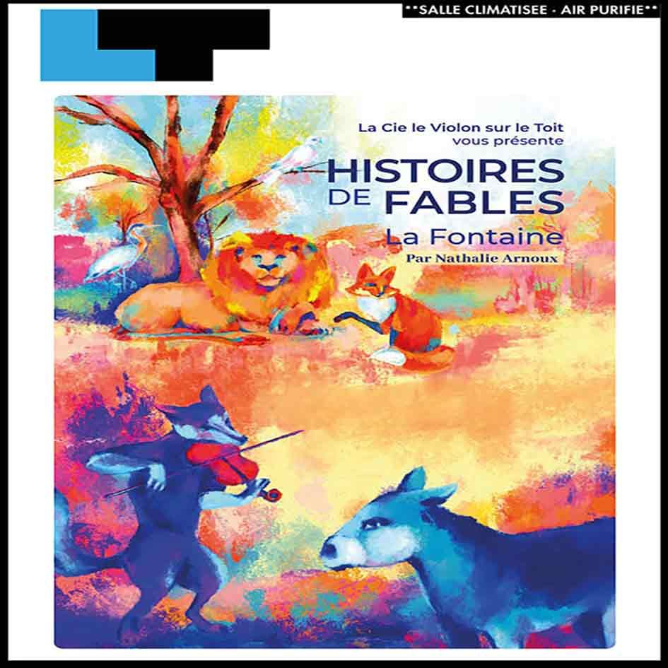 Couverture d'un livre pour enfants français avec des renards colorés et un loup violet sous un ciel lumineux, intitulé « Histoires de Fables »