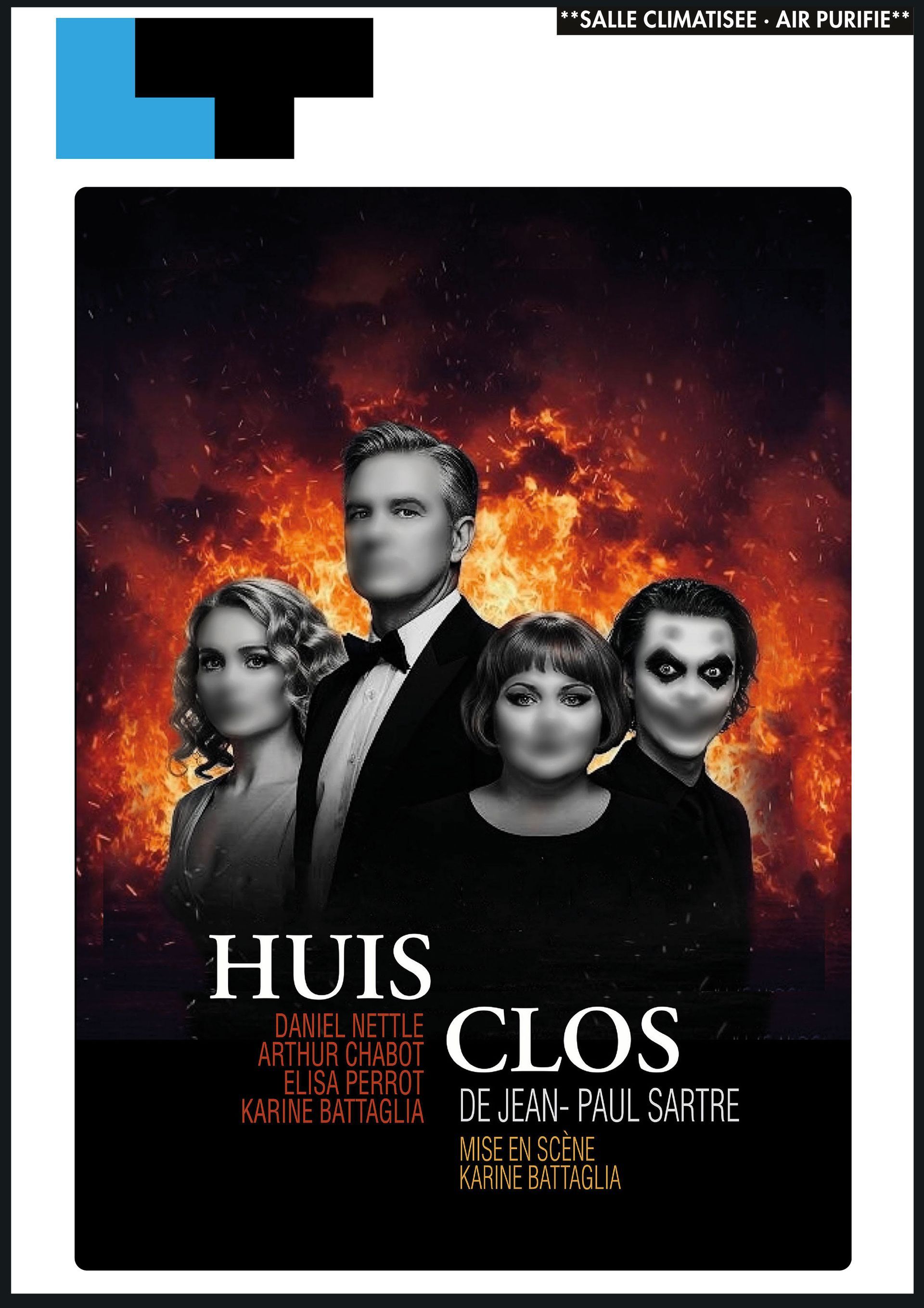 Quatre personnages masqués sur fond rouge flamboyant, avec un titre en gras blanc sur une affiche sombre.