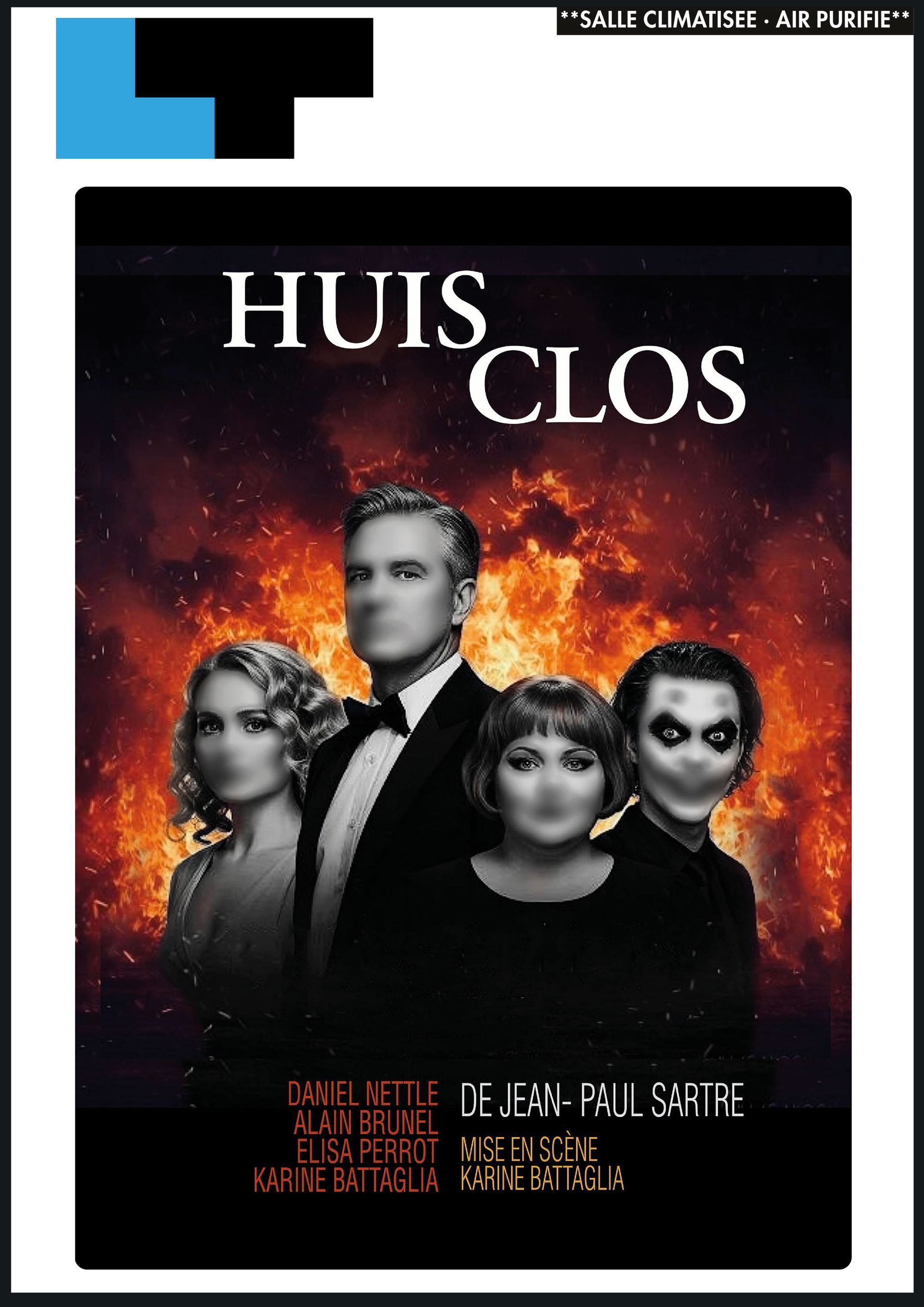 Plakat til filmen "NO EXIT" med tre sort-hvide portrætter mod en livlig rød-orange baggrund