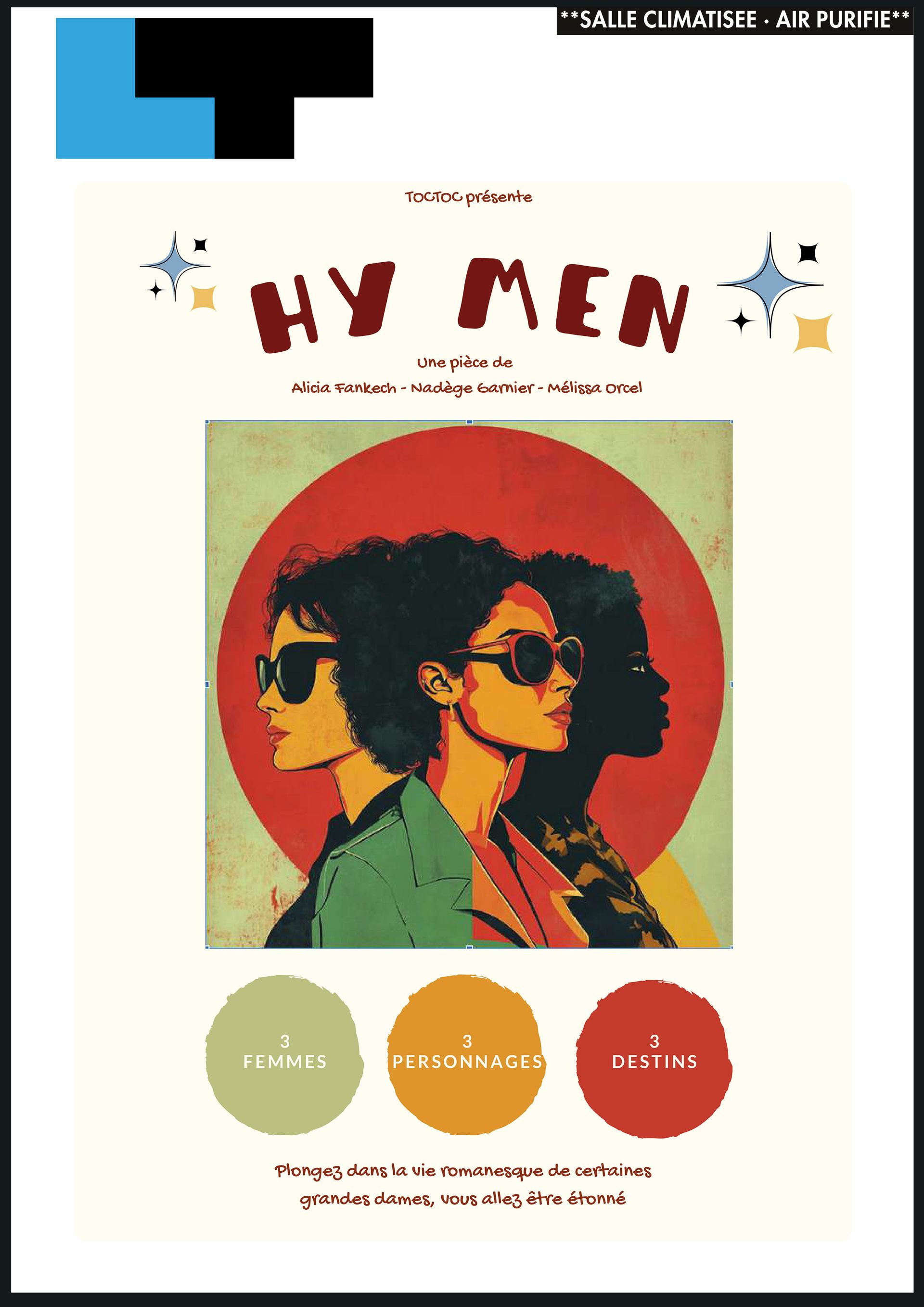 Affiche avec le titre en gras « MES HOMMES » au-dessus de deux portraits de profil stylisés portant des lunettes de soleil sur fond rouge.