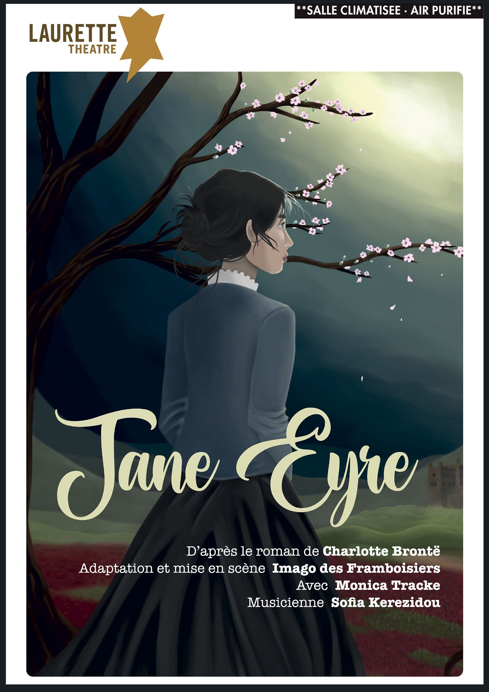 Buchumschlag Jane Eyre. Fra an engem donkelen Rock vun hannen ze gesinn, bléiende Bamzweig, Titel a kursiver Schrëft.