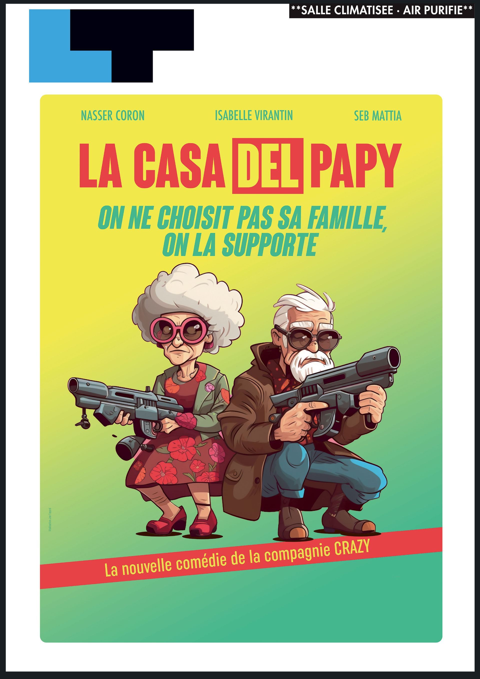 Affiche française avec deux hommes armés de dessin animé sur un fond jaune-vert et le titre « LA CASA DEL PAPI »