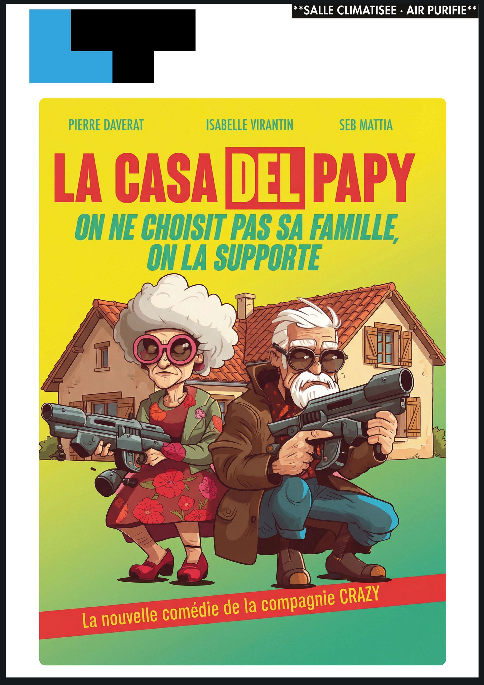 Comicplakat mat zwou eelere Personnagen an engem faarwege Haus, mam Titel "La casa del papy".