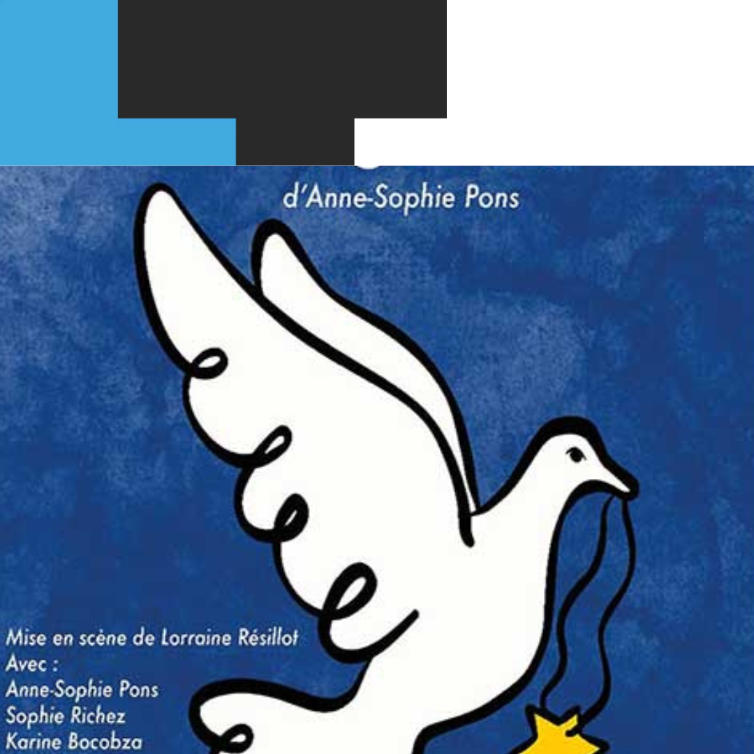 Illustration d'une colombe blanche sur fond bleu avec texte français et une forme noire et bleue au-dessus