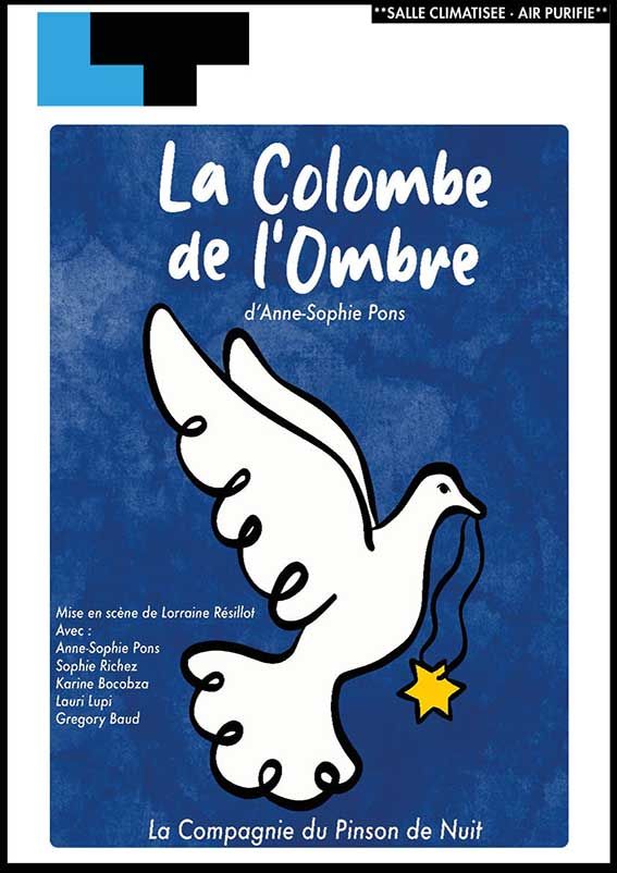Couverture de livre avec une colombe blanche tenant une étoile jaune sur fond bleu, intitulé « La Colombe de l'Ombre »