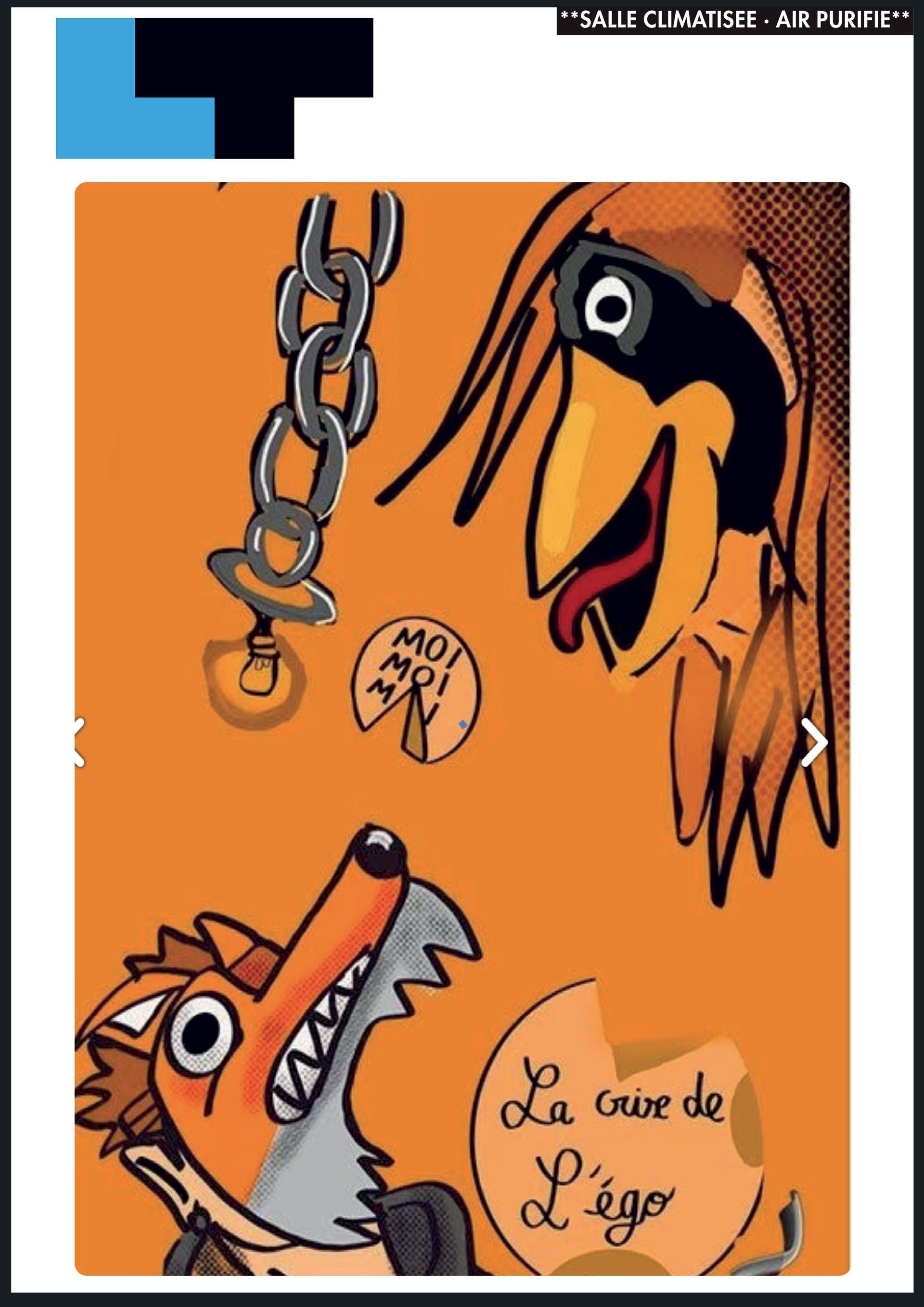 Renard et chien de dessin animé avec une chaîne sur fond orange ; le texte dit « La crise de l'âge »