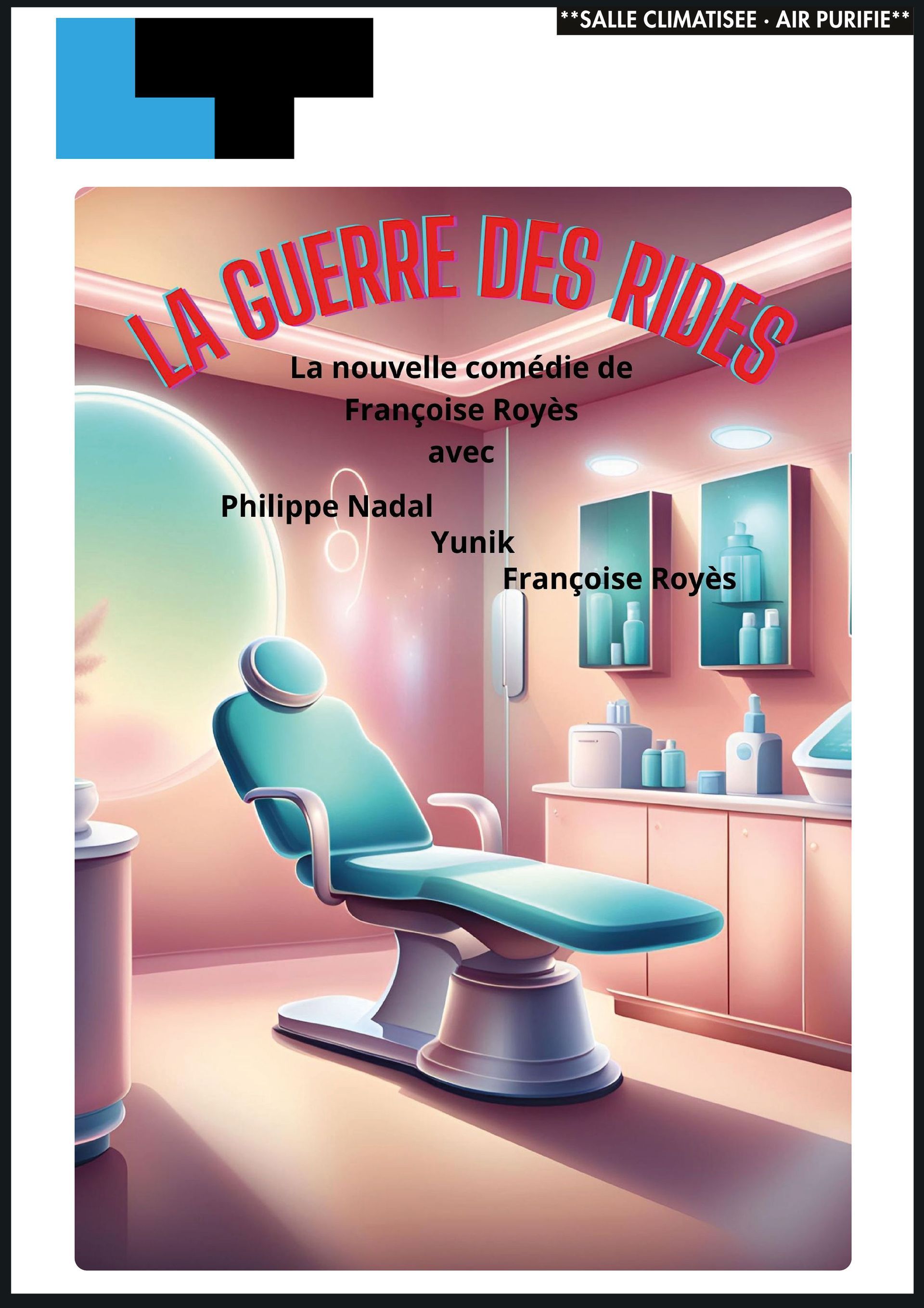 Couverture d'un livre intitulé « La Guerre des Rides » montrant un fauteuil de salon et des miroirs dans des tons rose-bleu.