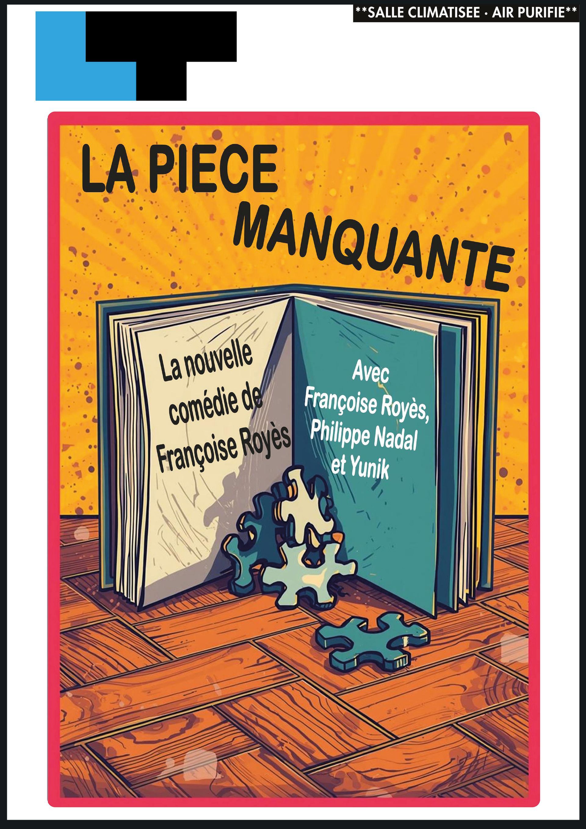 Couverture de livre intitulée « La pièce manquante » montrant un livre ouvert avec des pièces de puzzle sur un plancher en bois.