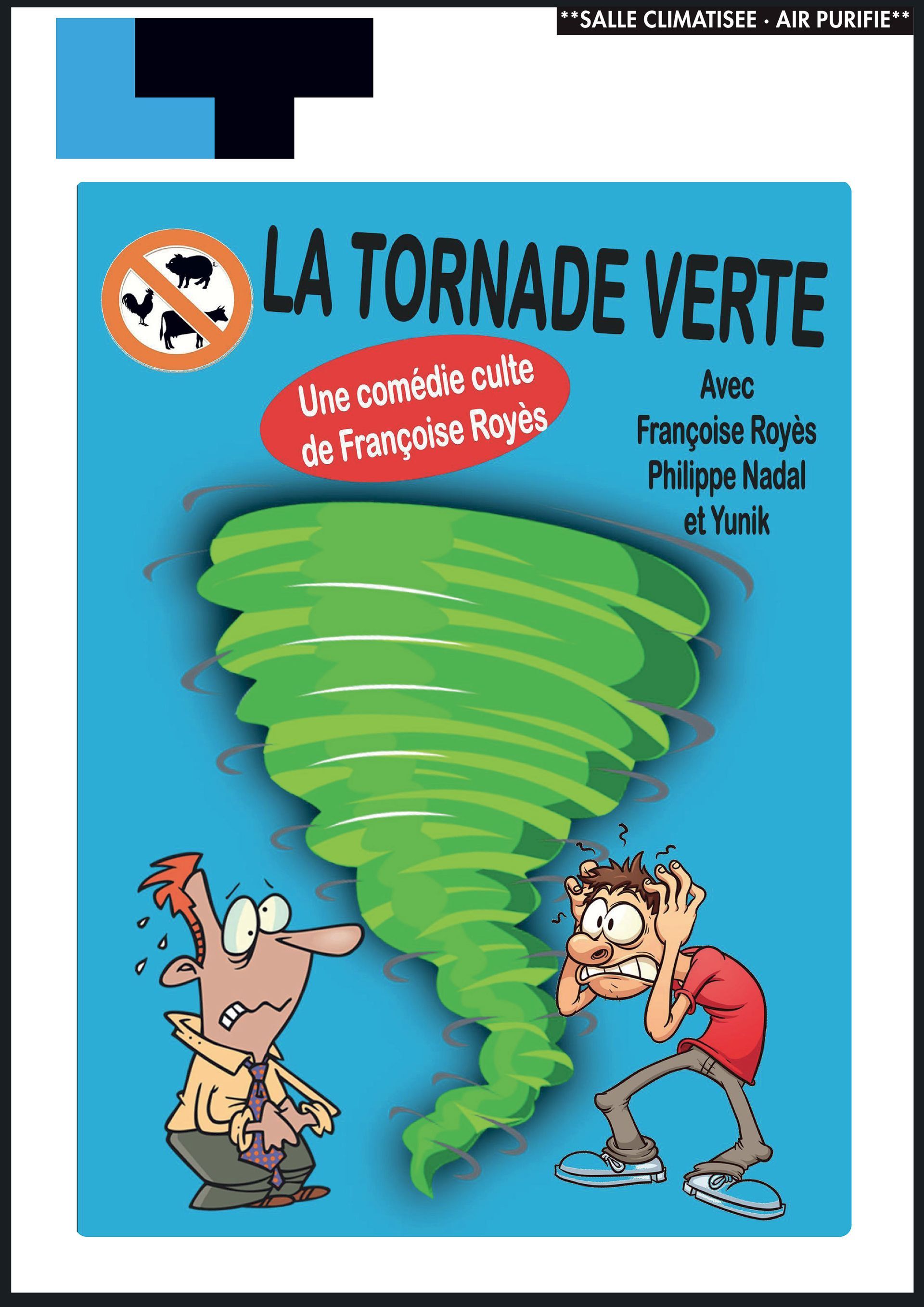 Couverture de livre avec une tornade verte et deux personnages de dessin animé sur fond bleu, intitulé « La Tornade Verte ».