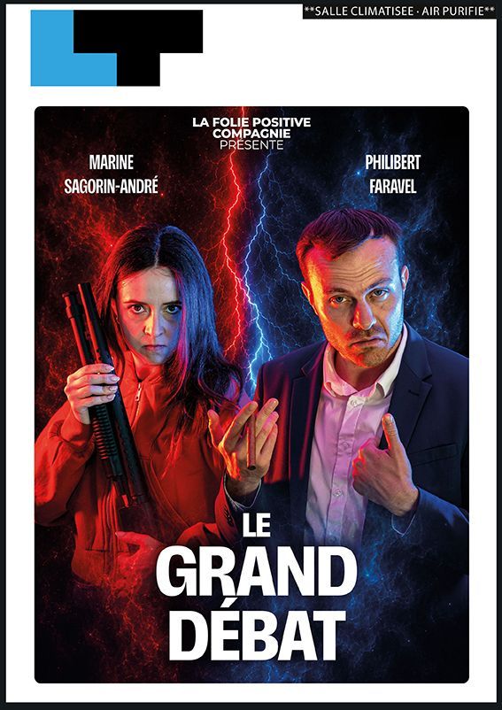Plakat til filmen "Den store debat" med to alvorlige mænd under rødt og blåt lys.