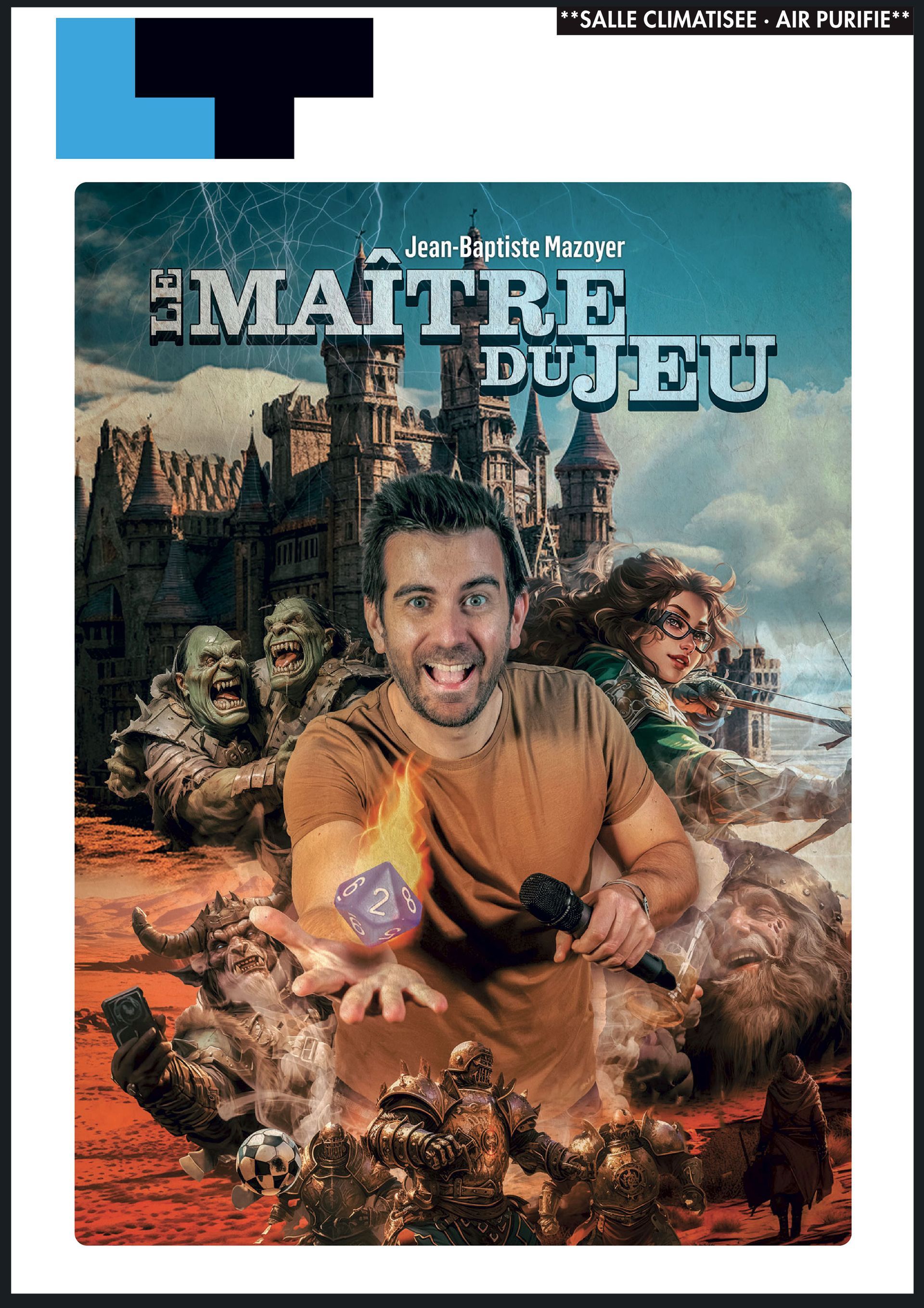 Affiche de film montrant un homme souriant en chemise orange émergeant d'un sol boueux, entouré de petits personnages et de bâtiments.