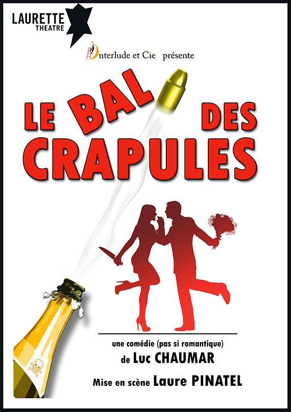 Affiche pour « Le Bal des Crapules » avec des silhouettes rouges dansantes et des bouteilles de champagne sur fond blanc
