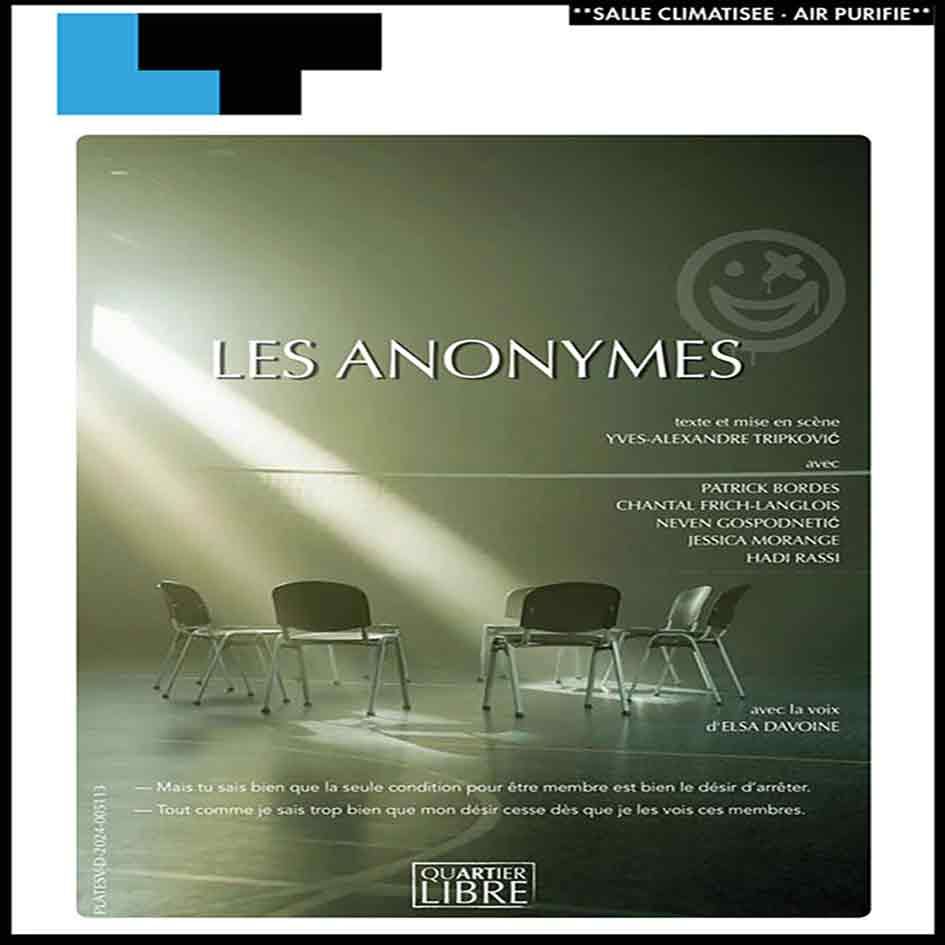 Affiche française du film Les Anonymes, avec trois chaises vides sur fond vert et un rayon de lumière