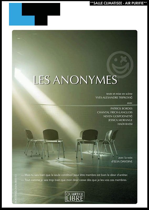 Affiche verte avec des chaises vides et le titre « LES ANONYMES » sous un faisceau de lumière vive.