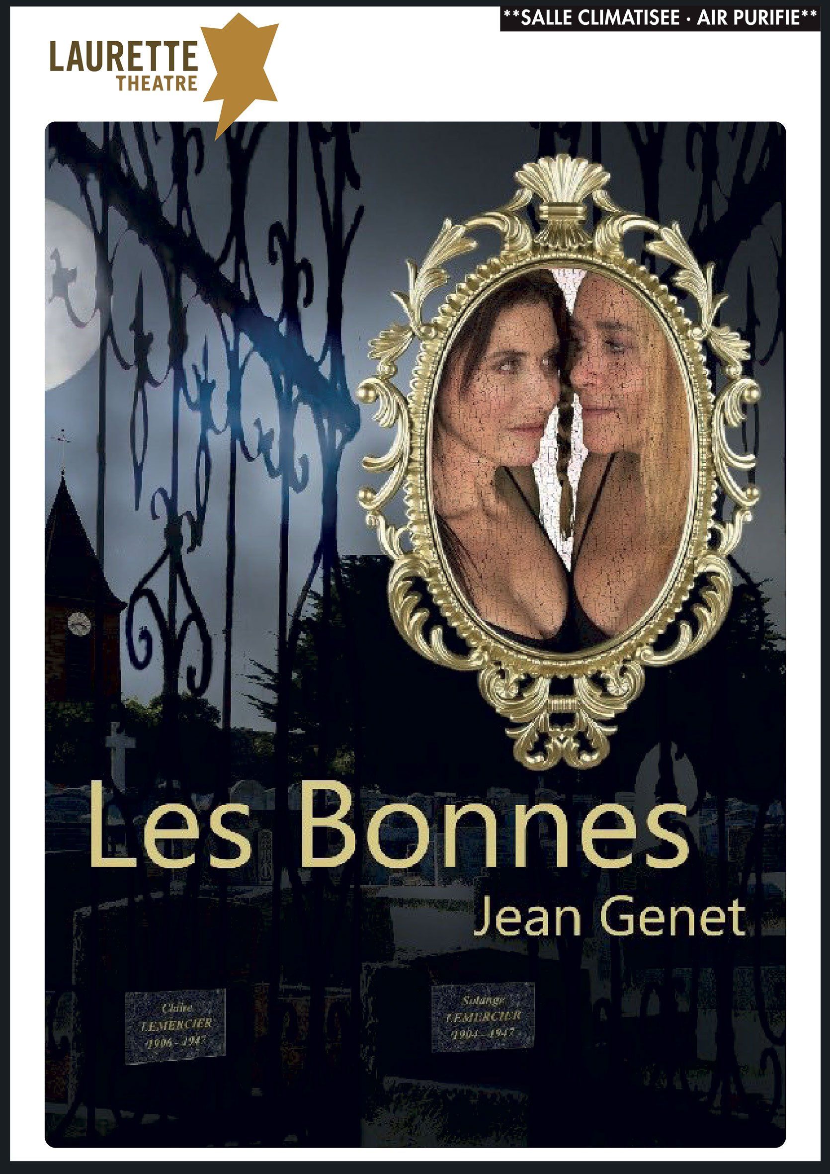 Cover: Zwee Fraen an engem vergoldete Kader, e Portal, e Vollmound. Titel: D'Meedercher. Auteur: Jean Genet.