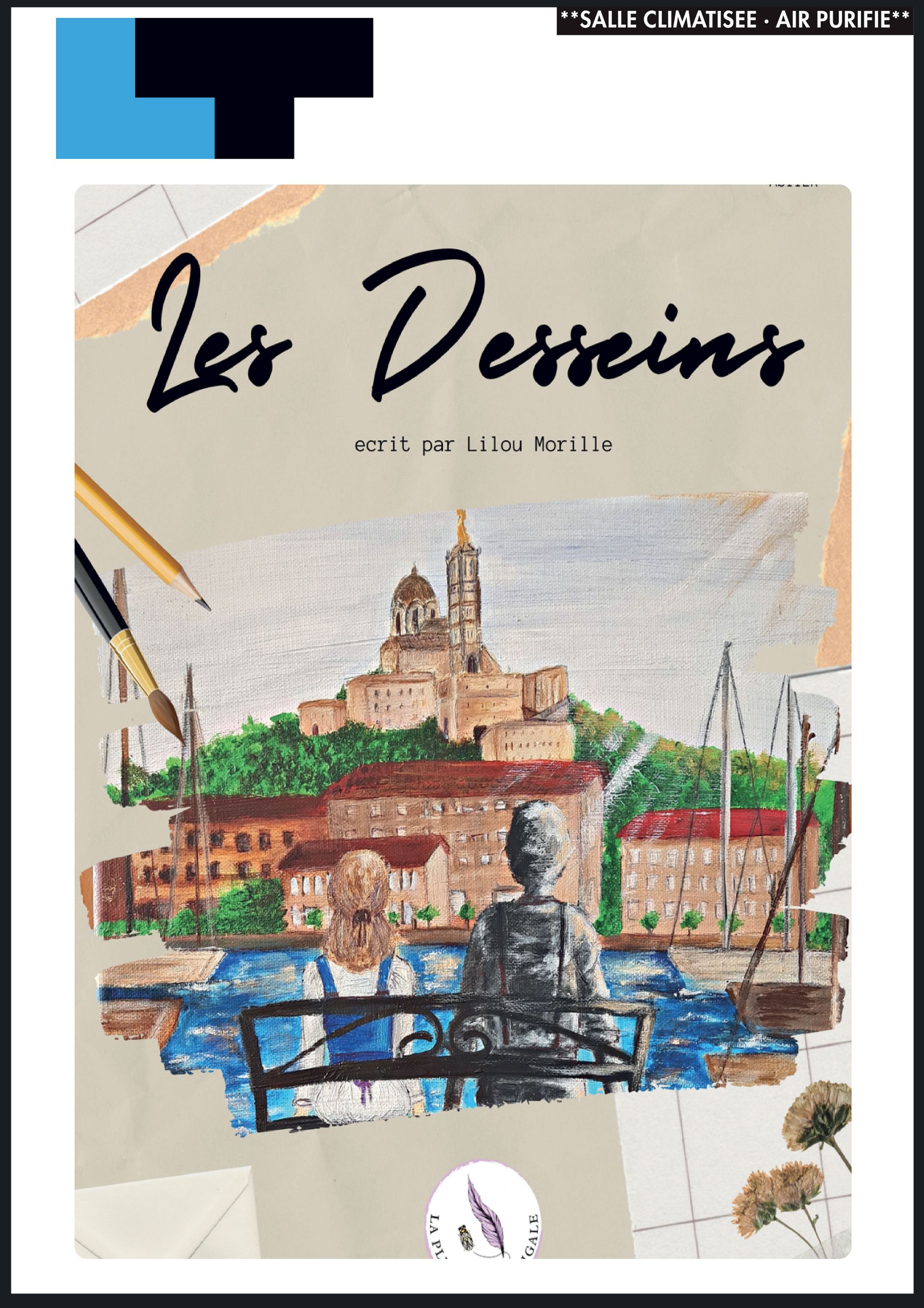 Couverture d'un carnet de croquis avec le titre « Les Dessins » et un dessin coloré de paysage urbain