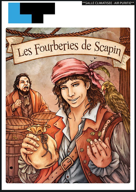 Affiche du film « Les Fourberies de Scapin » montrant un homme souriant avec un perroquet et des fruits, un deuxième homme se trouvant en arrière-plan.