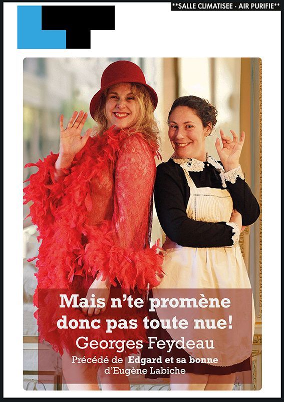 Deux artistes costumés posent sur une affiche, l'un portant un boa et un chapeau en plumes rouges, avec un texte en français.