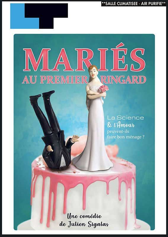 Affiche du film « Mariés au premier ringard » : mariée en blanc à côté d'un gâteau aux jambes inversées sur un glaçage rose