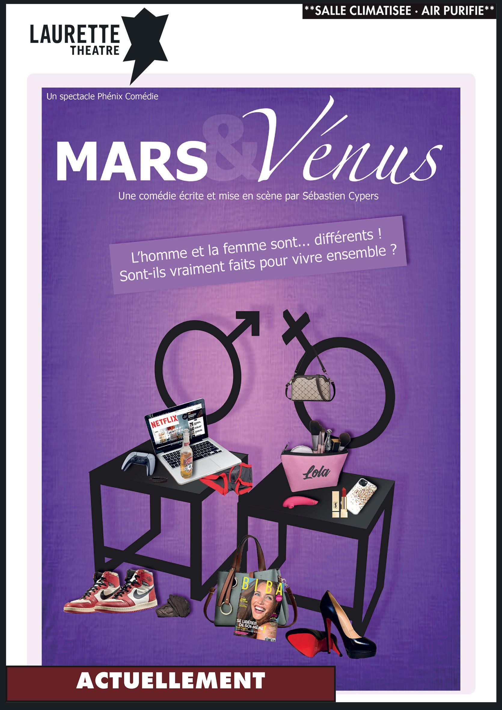 Couverture violette d'un livre intitulé « Mars Vénus », ornée de deux symboles de genre, de petits tableaux et de la mention « ACTUELLEMENT » en bas de page.