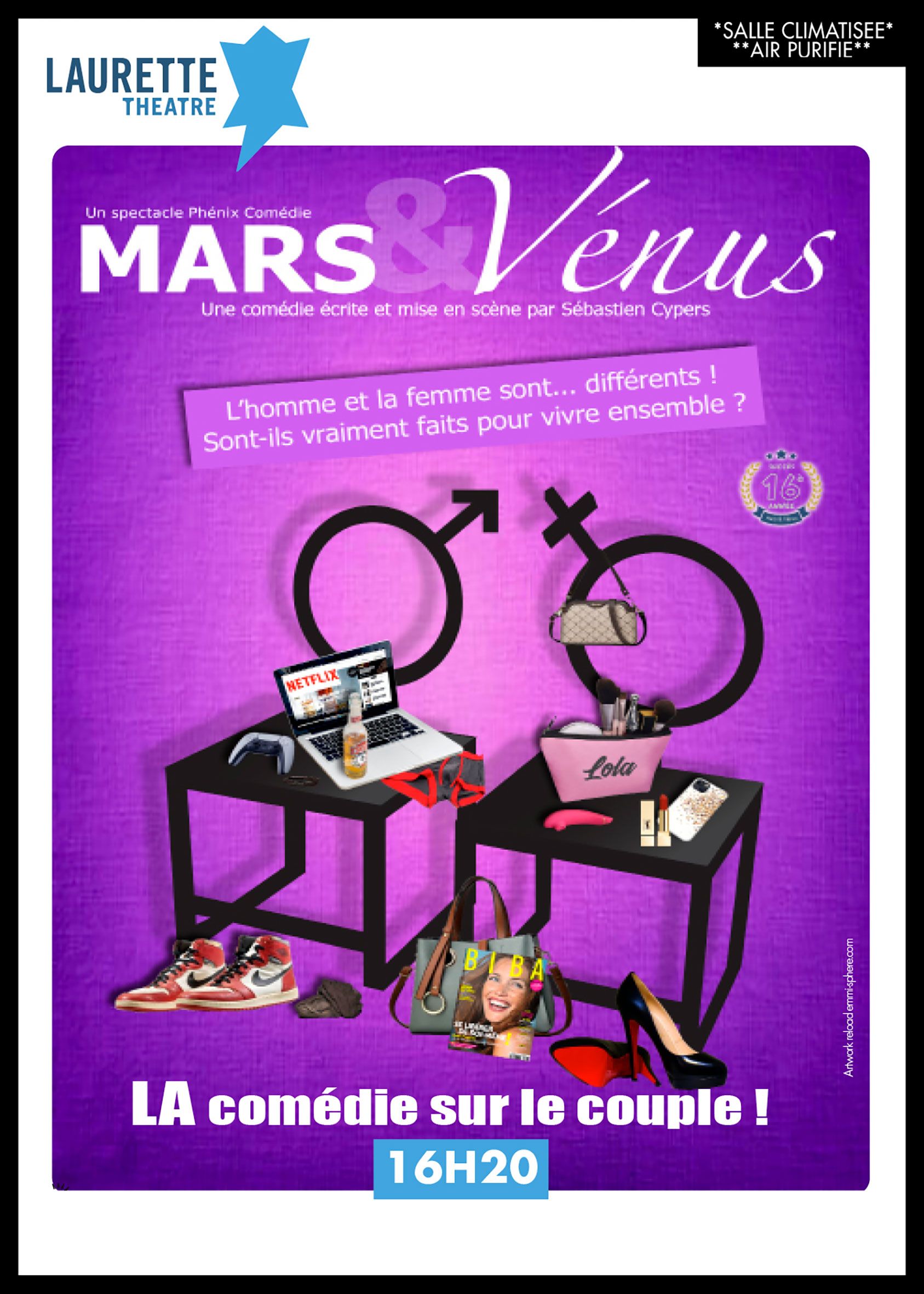 "Mars Venüs" adlı komedi filminin mor renkli afişinde, iki sandalye ve cinsiyet sembolleri yer alıyor; afişte ayrıca "Çiftler hakkında komedi!" yazısı ve saat 16:20 yazıyor.