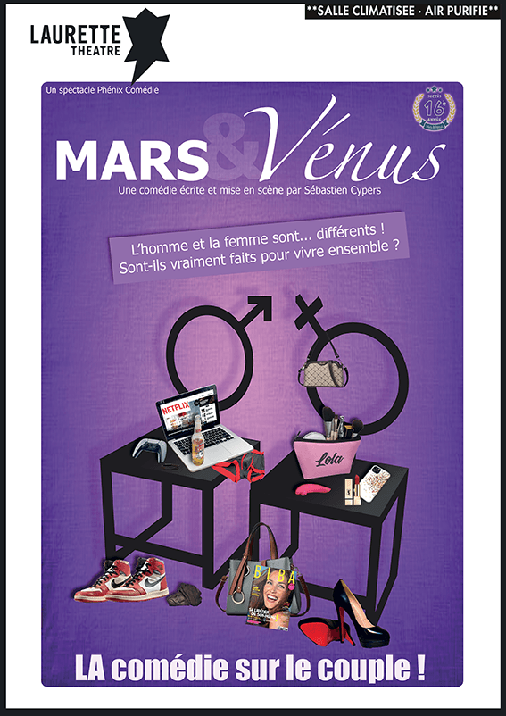 Affiche violette pour la comédie « Mars Venus », montrant deux coiffeuses avec des symboles et des chaussures ; le texte dit « La comédie sur le couple ! »