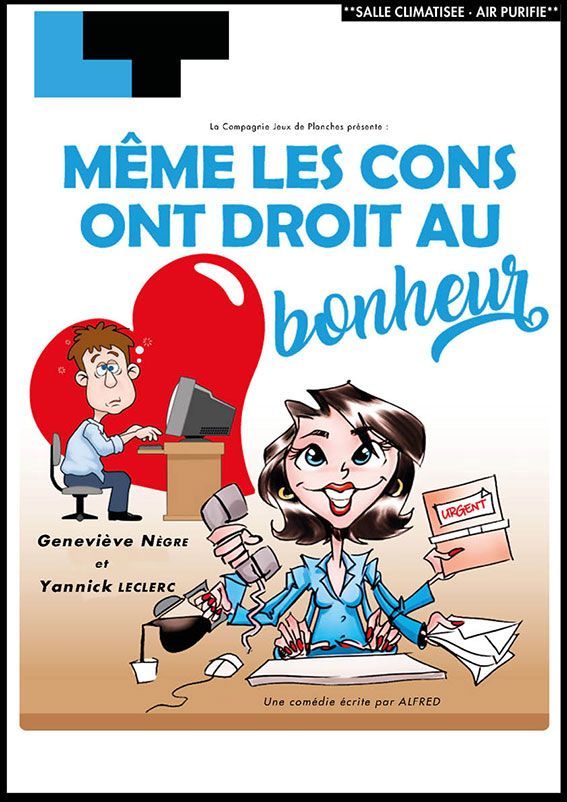 Book cover with cartoon characters and French title “Même les cons ont droit au bonheur”
