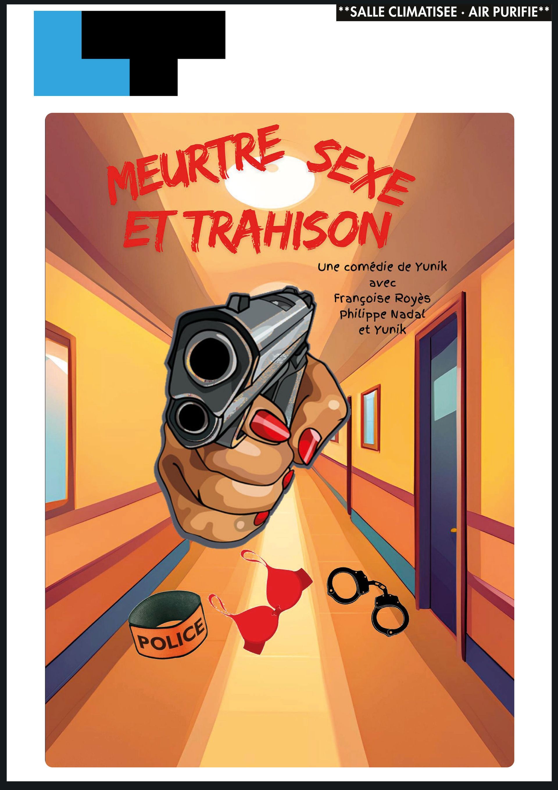Illustration d’un pistolet pointé vers le lecteur dans un couloir, avec le texte « Meurtre, sexe et trahison ».