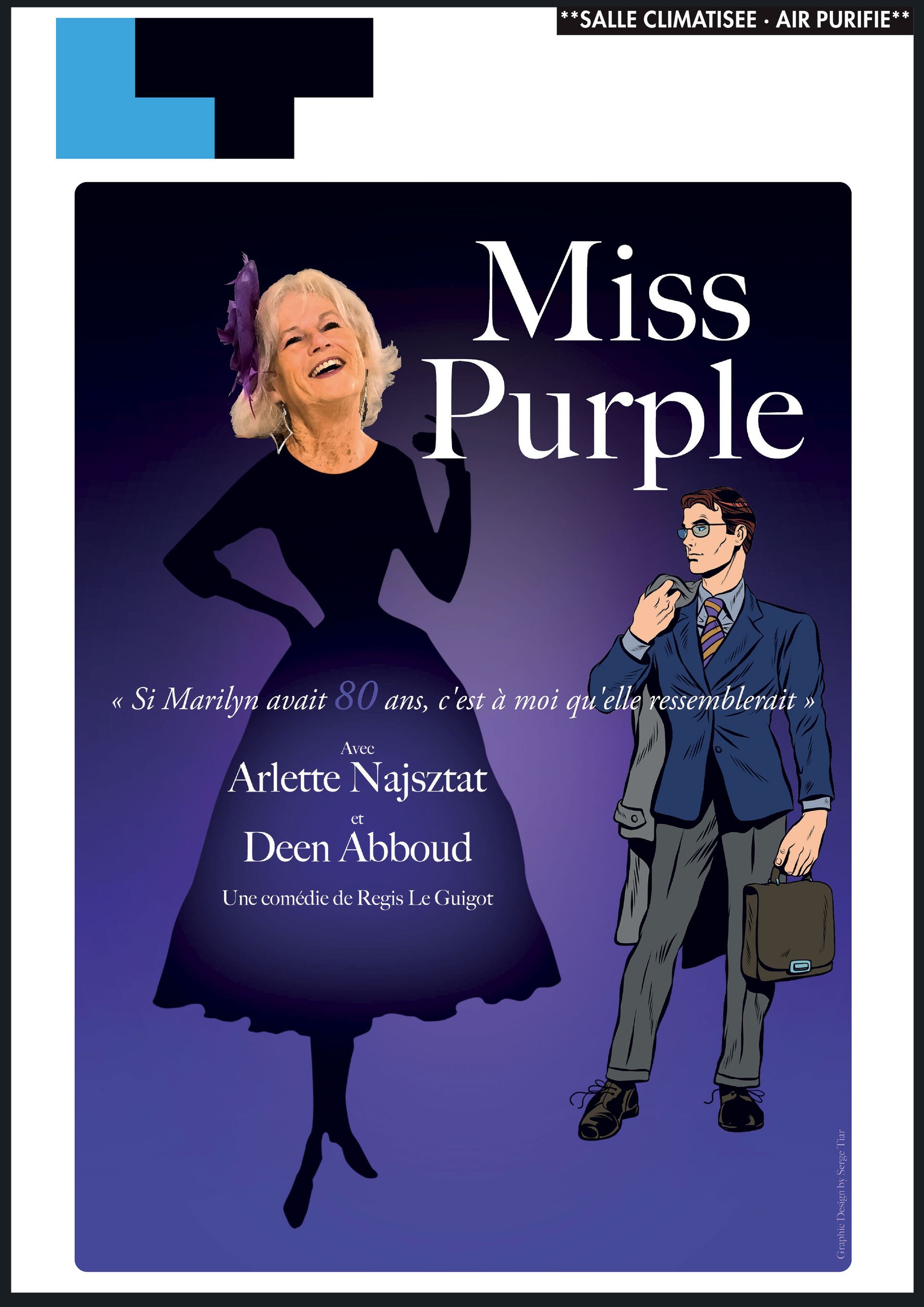 Affiche pour « Miss Purple » avec fond violet, présentant deux personnages illustrés et un titre en blanc.