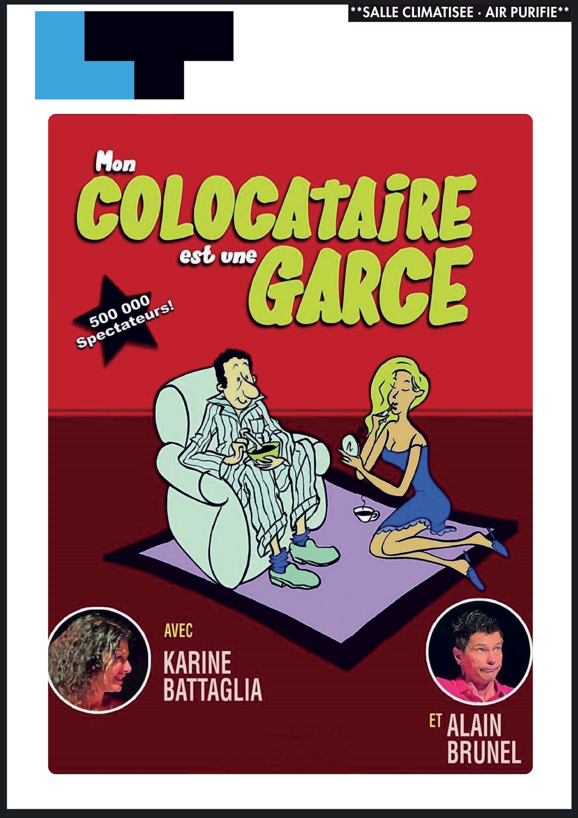 Red poster for “Mon colocataire est une garce” showing two cartoon characters on a couch and cast names.