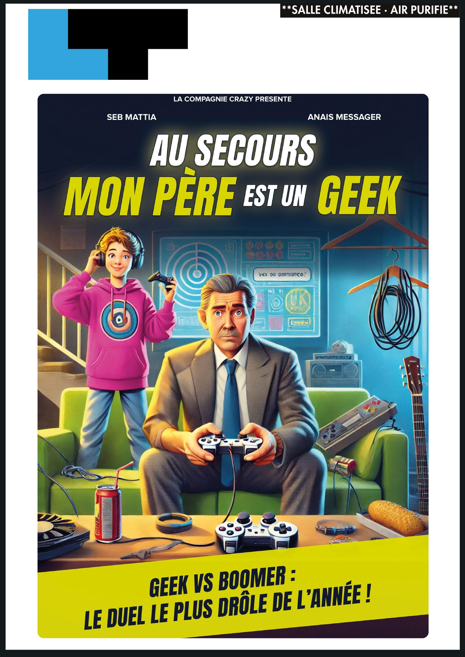 Affiche pour « Au secours mon père est un geek » : homme en costume jouant aux jeux vidéo sur un canapé, enfant à côté de lui, gadgets geek rétro, fond bleu