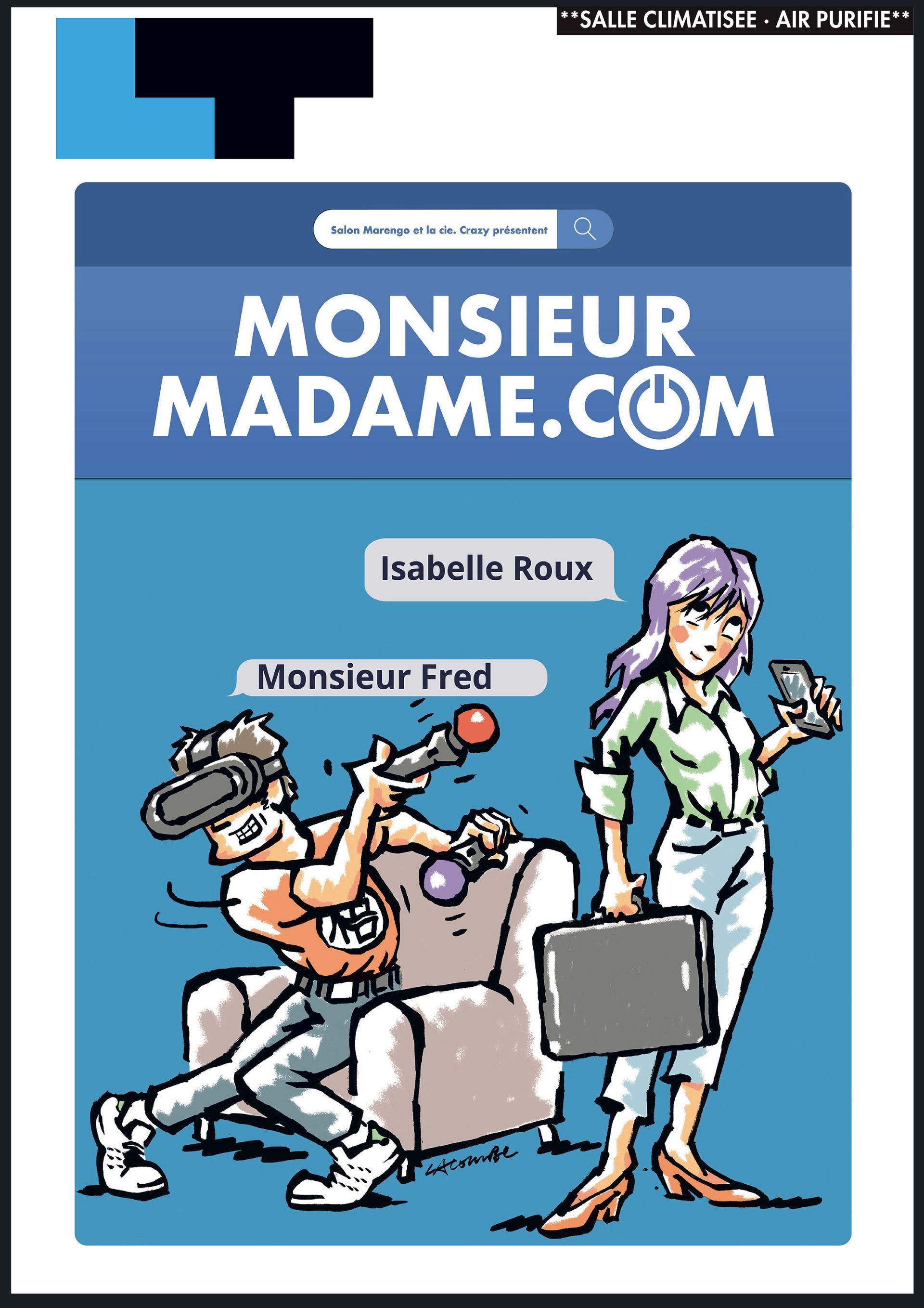 Couverture du livre « Monsieur Madame.com » avec deux personnages de dessin animé et les noms Isabelle Roux et Monsieur Fred.